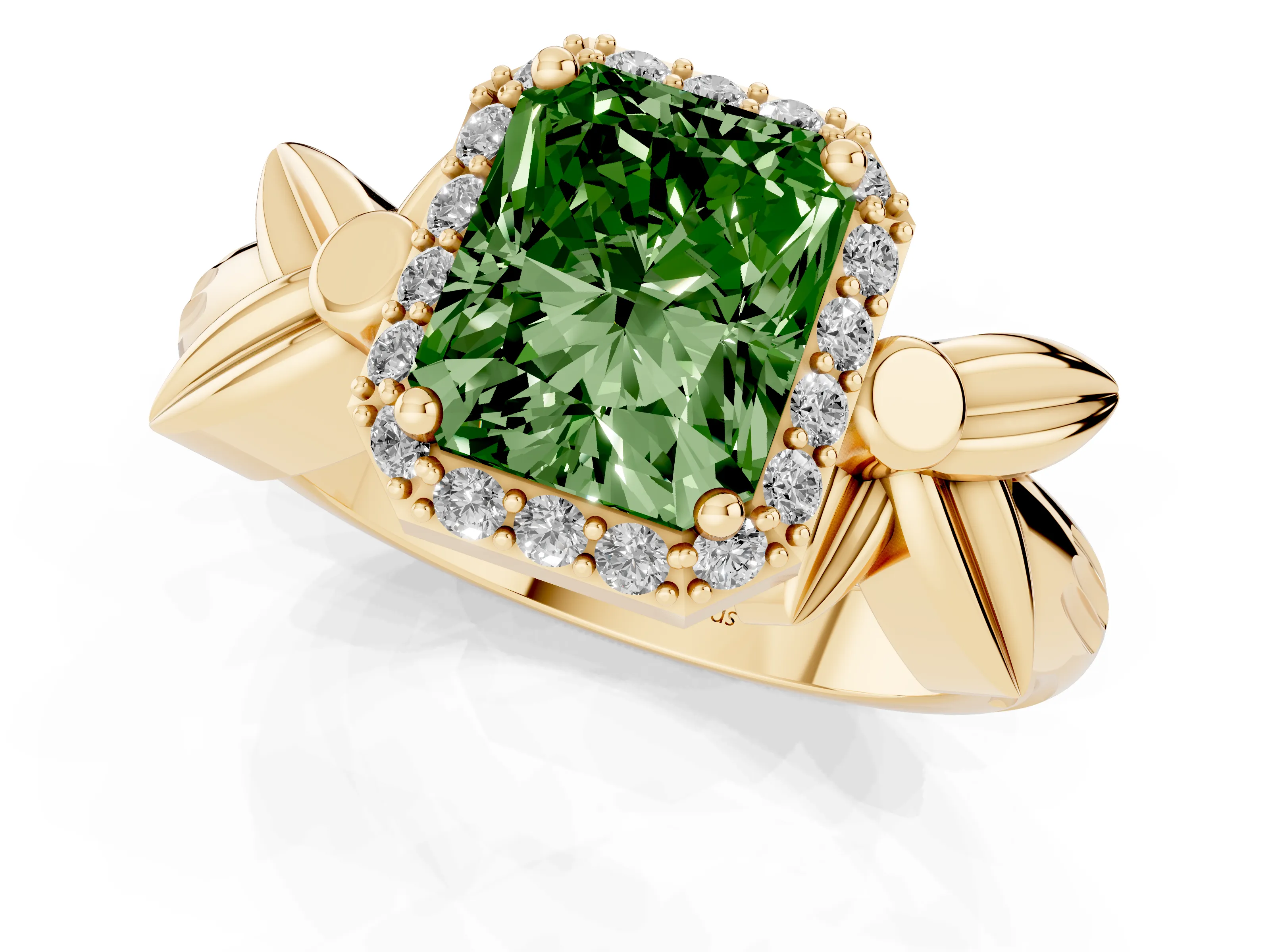 Fancy Green Radiant Cut Diamond Halo Floral Band Ring Set in Yellow gold with Prong Setting