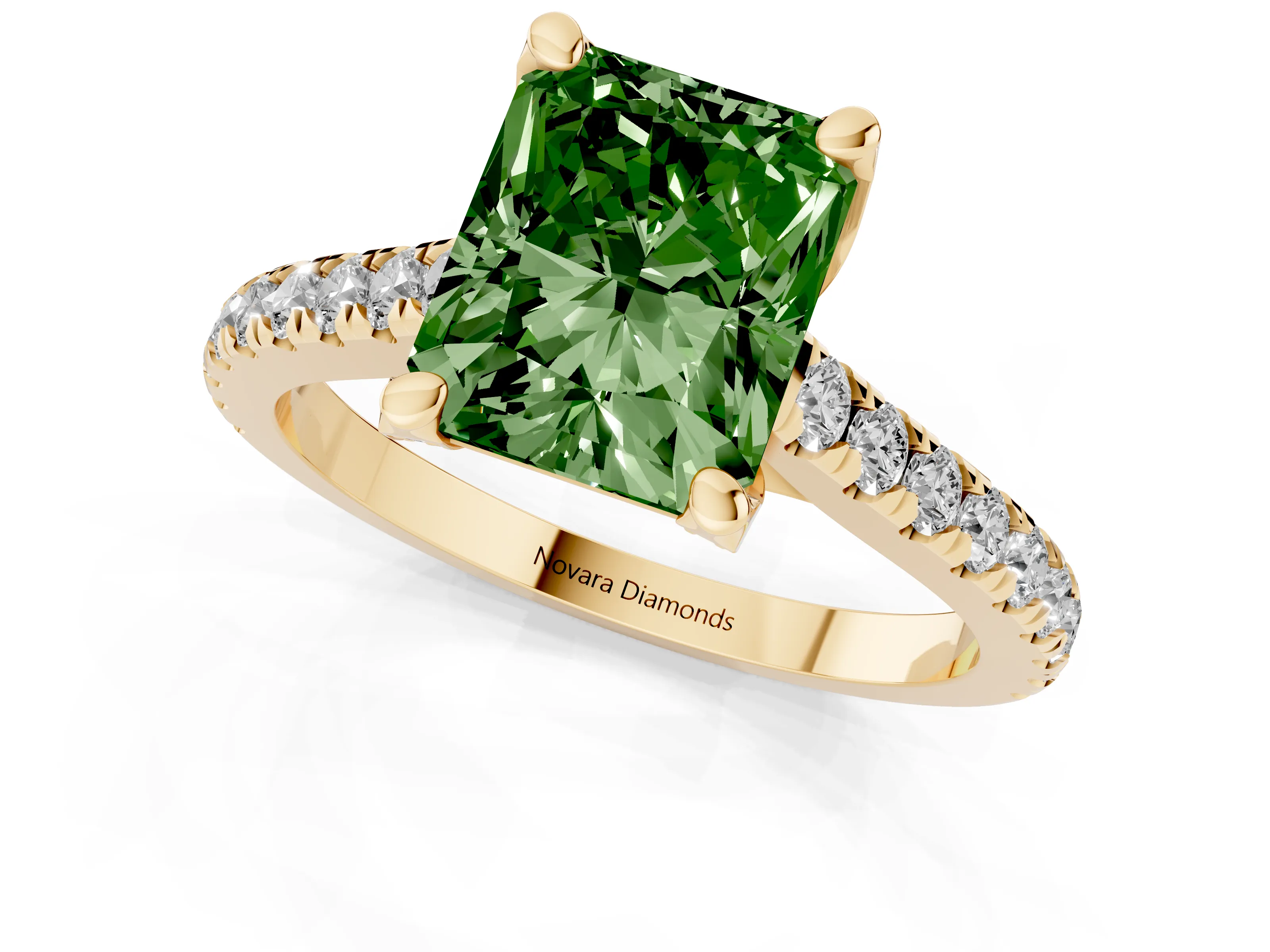 Fancy Green Radiant Cut Diamond Solitaire Ring Set in Yellow gold with Brilliant Pavé Band and Prong Setting