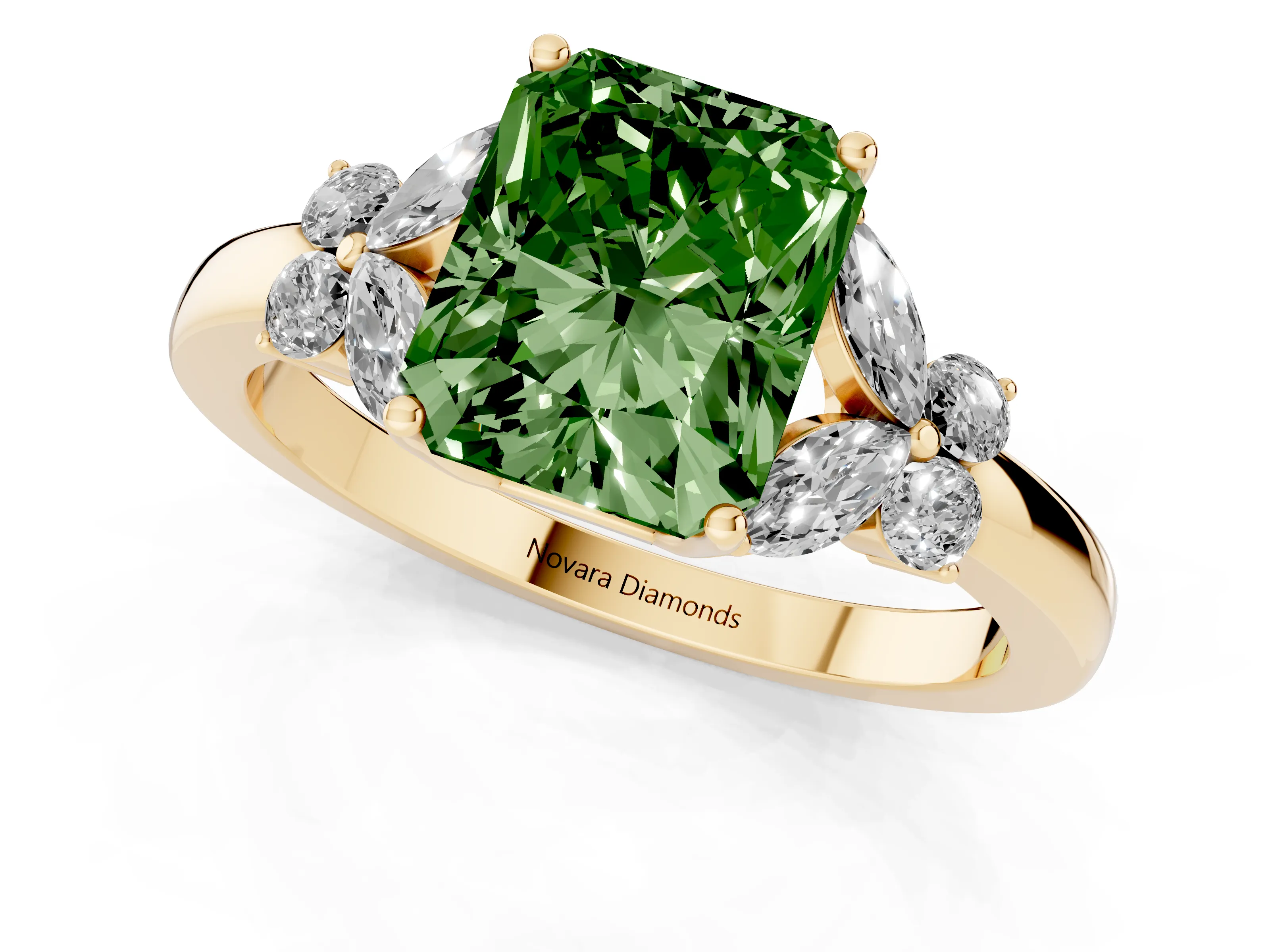 Fancy Green Radiant Cut Diamond Solitaire Floral Ring Set in Yellow gold with Marquise Petals and Prong Setting