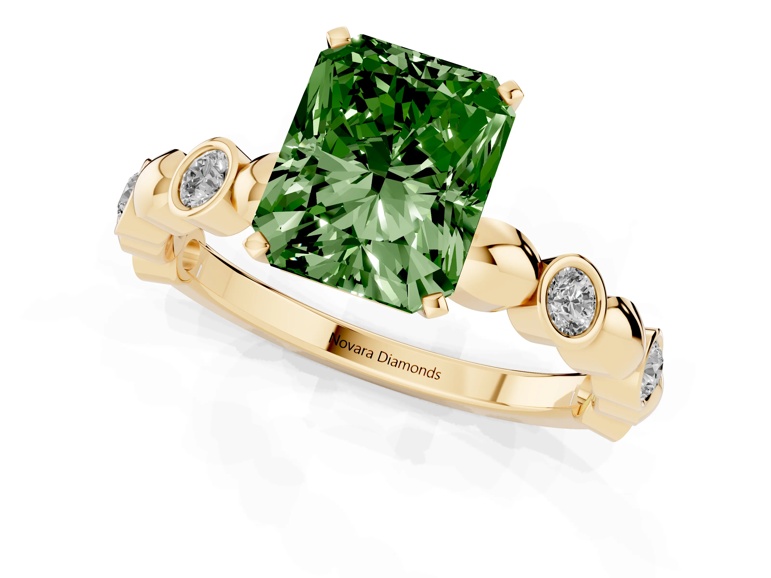 Fancy Green Radiant Cut Diamond Solitaire Ring Set in Yellow gold with Bezel-Set Accents on Beaded Band and Prong Setting