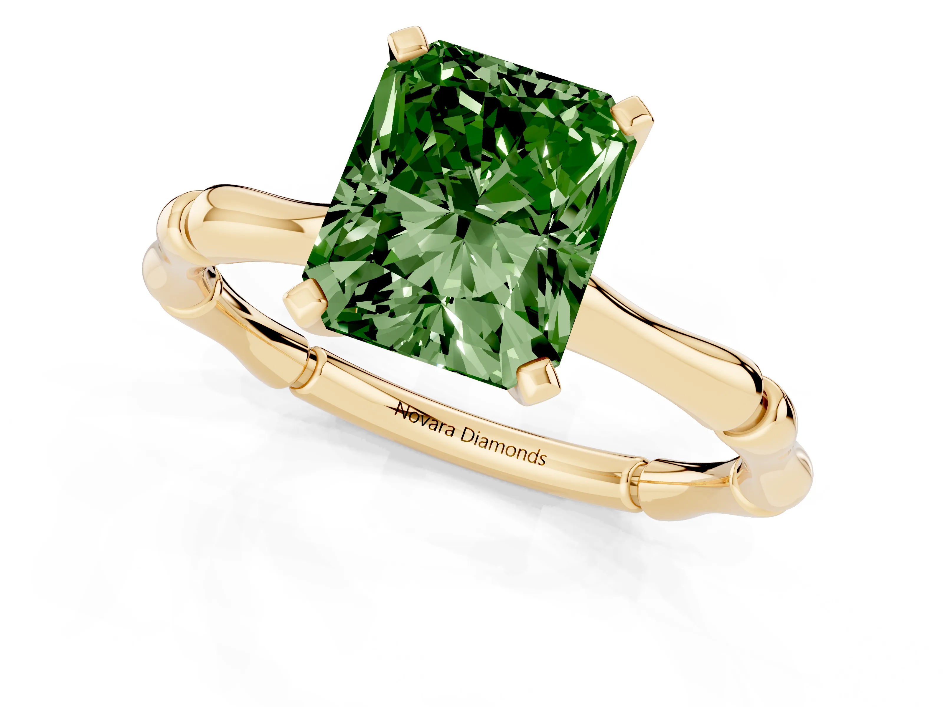 Fancy Green Radiant Cut Diamond Solitaire Ring Set in Yellow gold with Bamboo Band and Prong Setting
