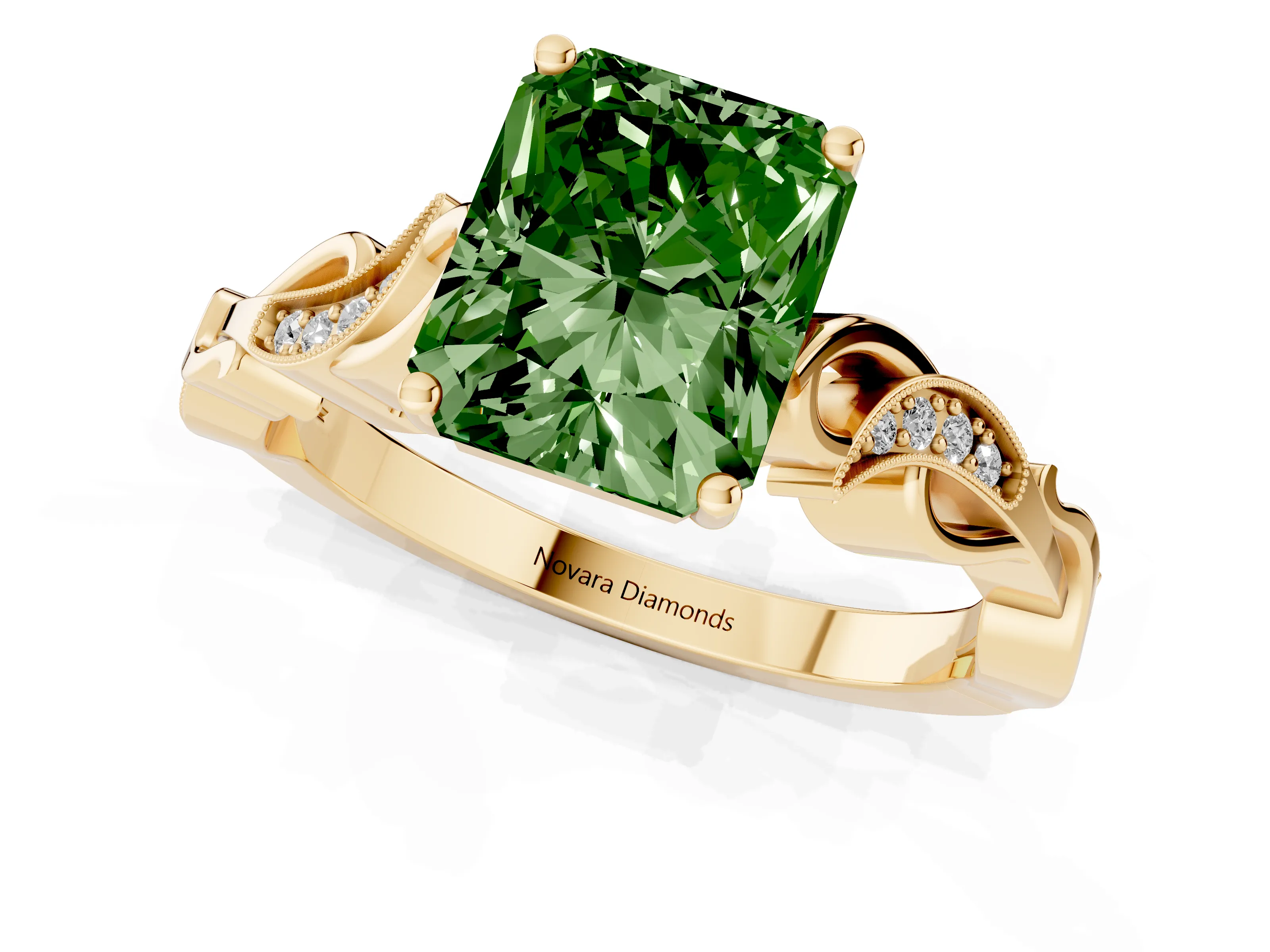 Fancy Green Radiant Cut Diamond Vine Band Solitaire Ring Set in Yellow gold with Milgrain Prong Setting