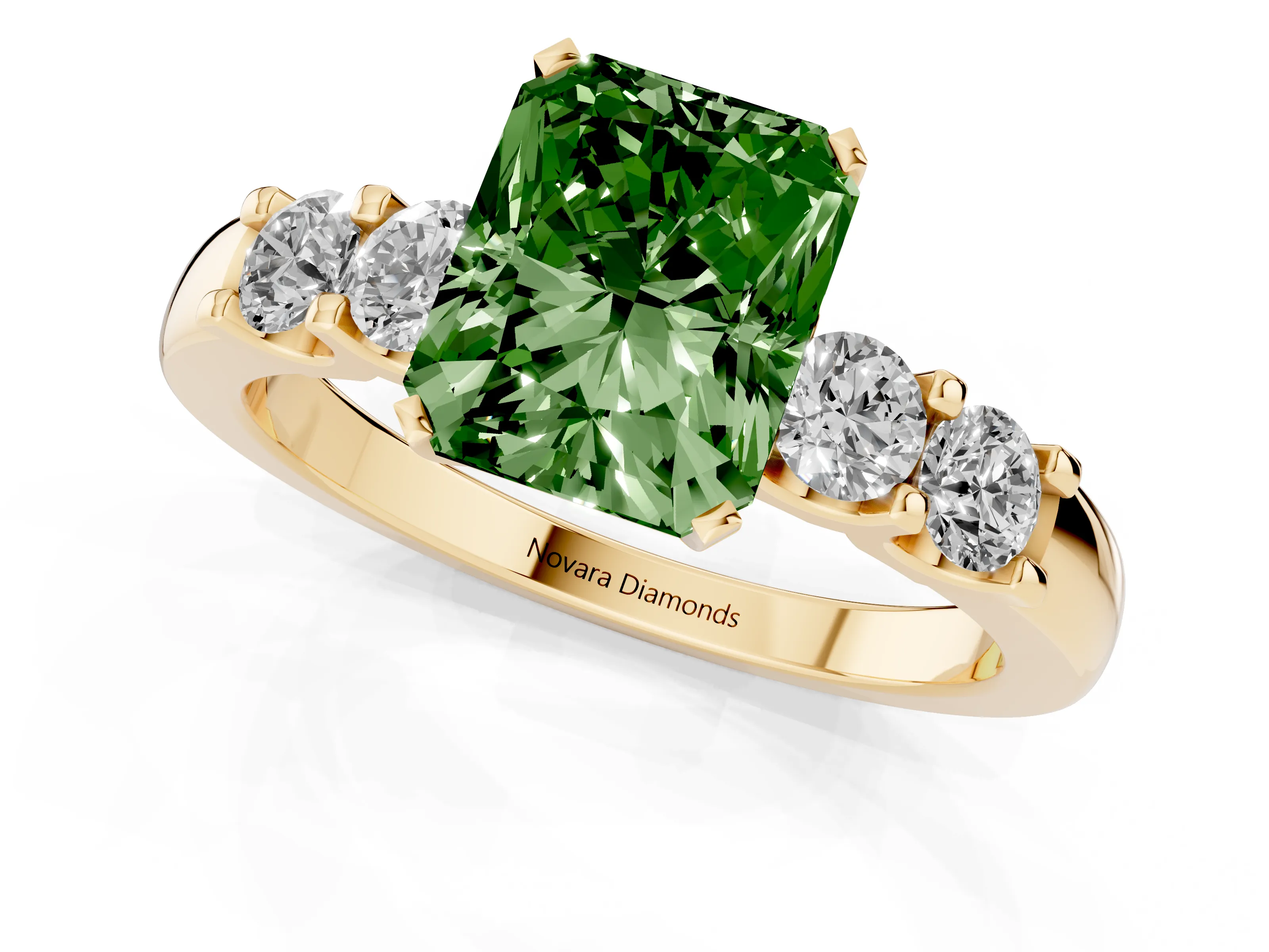 Fancy Green Radiant Cut Diamond Five-Stone Prong Set Engagement Ring Set in Yellow gold with Channel Band