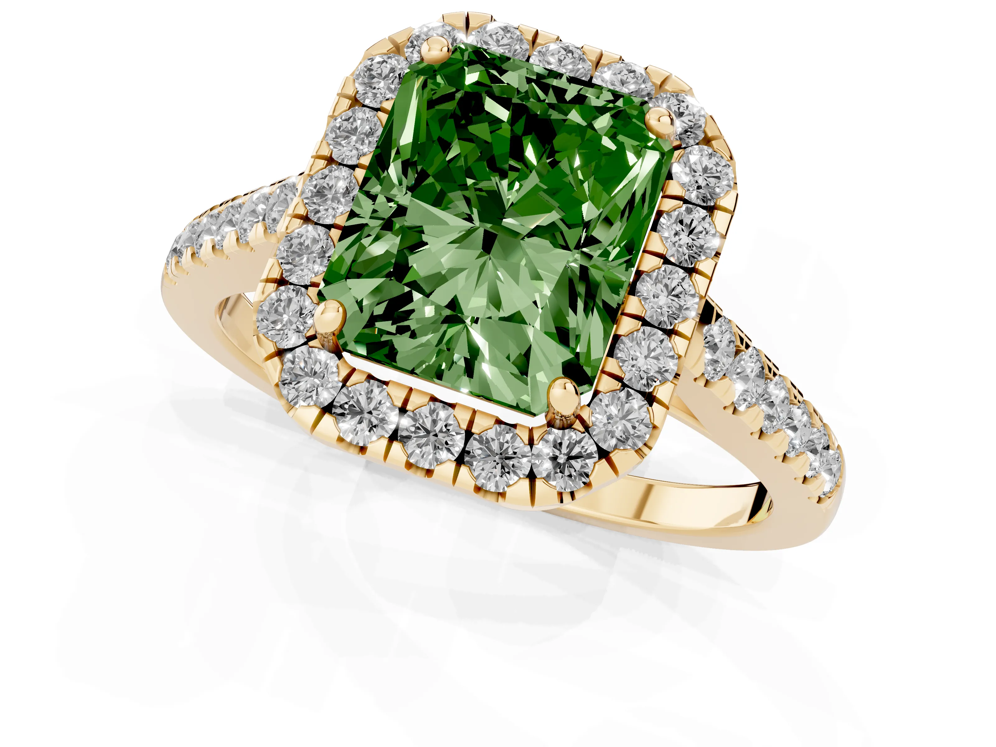 Fancy Green Radiant Cut Diamond Halo Pavé Engagement Ring Set in Yellow gold with Prong Setting