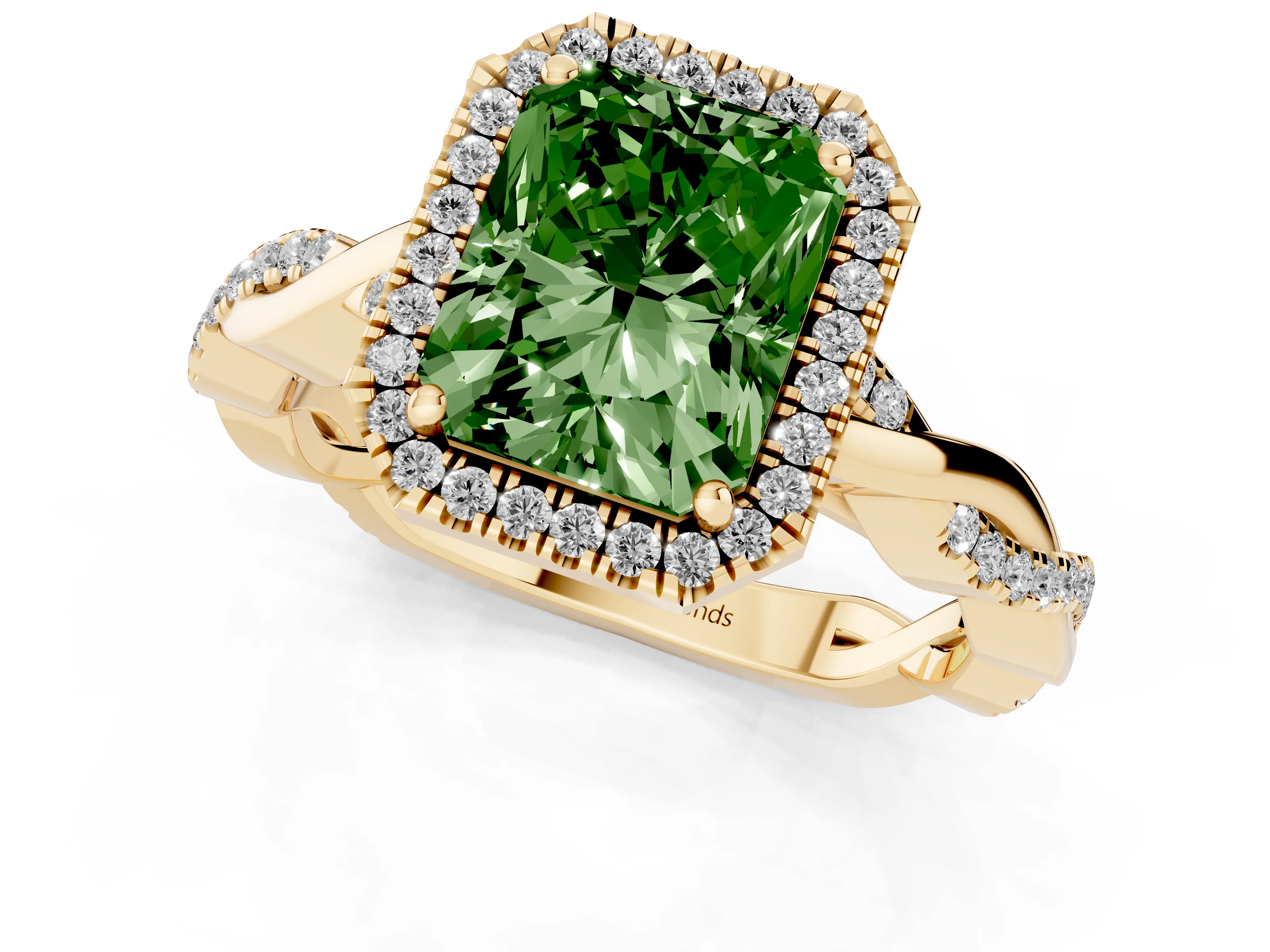 Fancy Green Radiant Cut Diamond Halo Twisted Band Ring Set in Yellow gold with Prong Setting