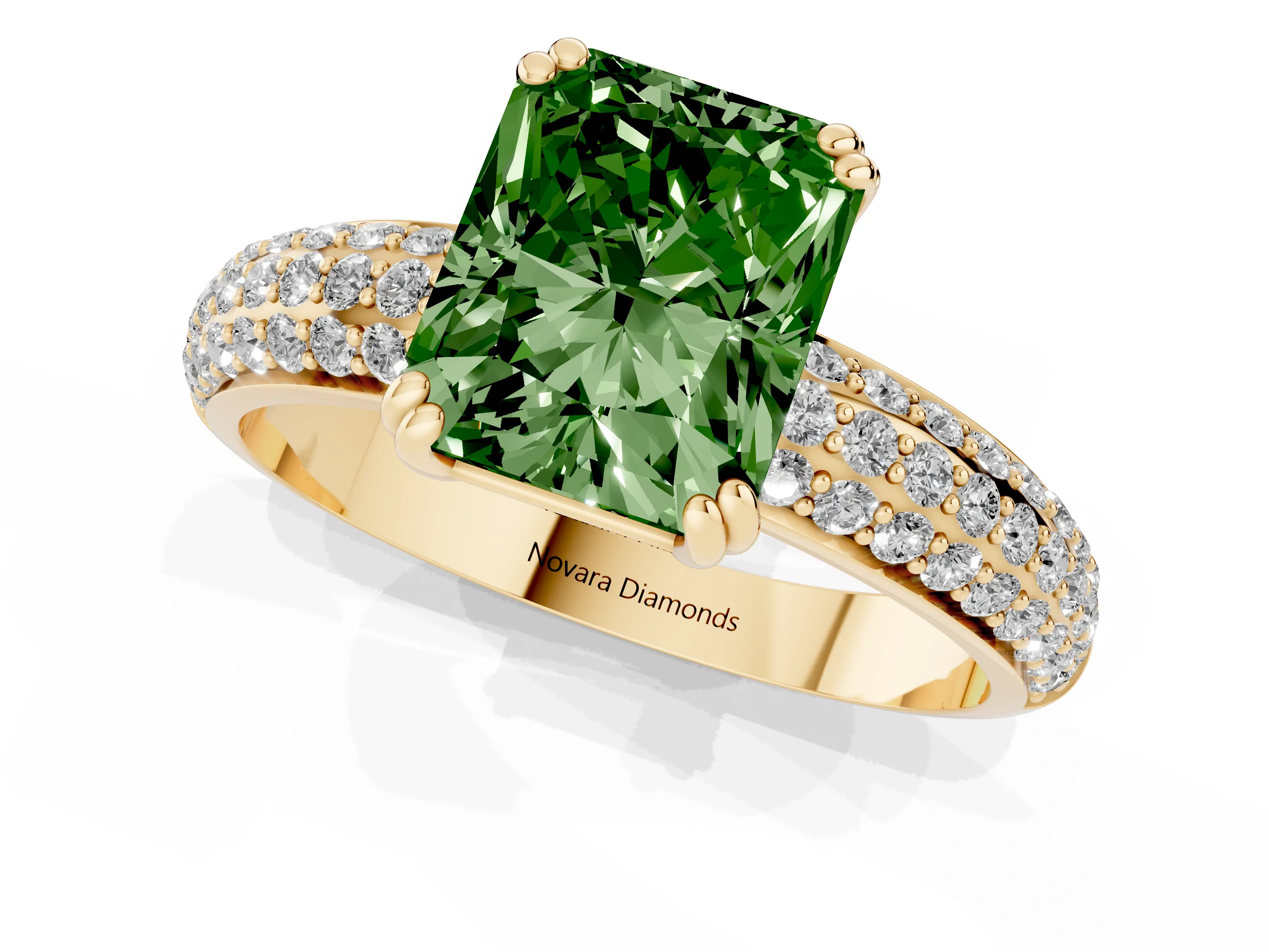 Fancy Green Radiant Cut Diamond Solitaire Ring Set in Yellow gold with Multi-Row Round Pavé Band and Prong Setting