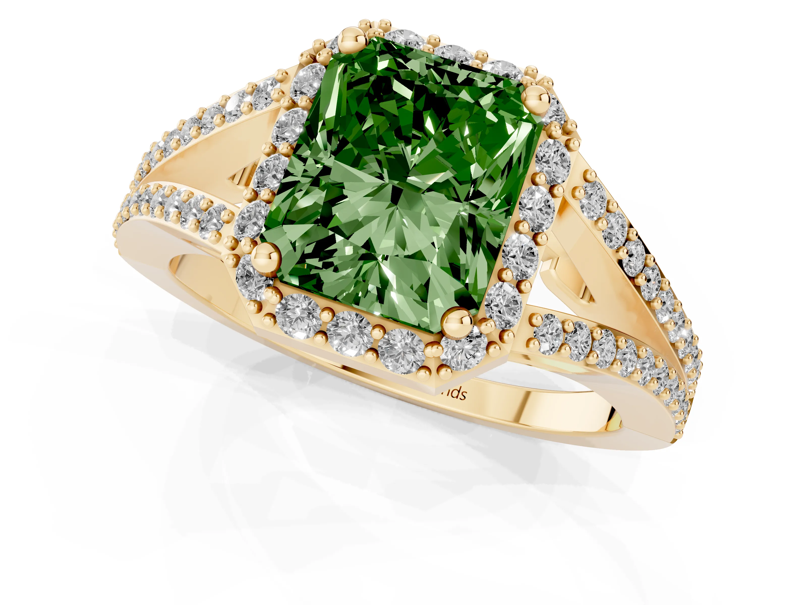 Fancy Green Radiant Cut Diamond Halo Split Shank Pavé Ring Set in Yellow gold with Prong Setting