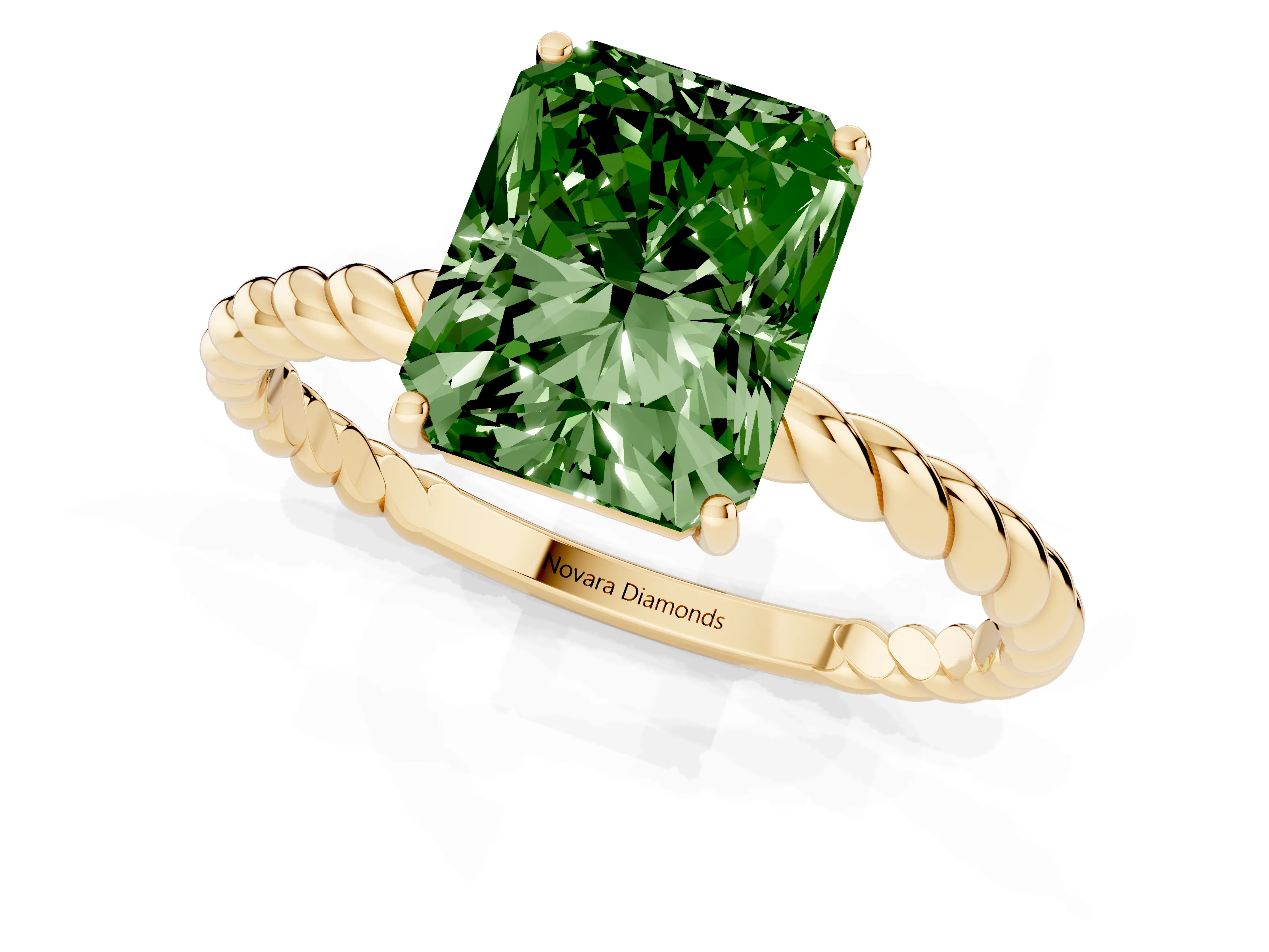 Fancy Green Radiant Cut Diamond Solitaire Ring Set in Yellow gold with Twist Band and Prong Setting