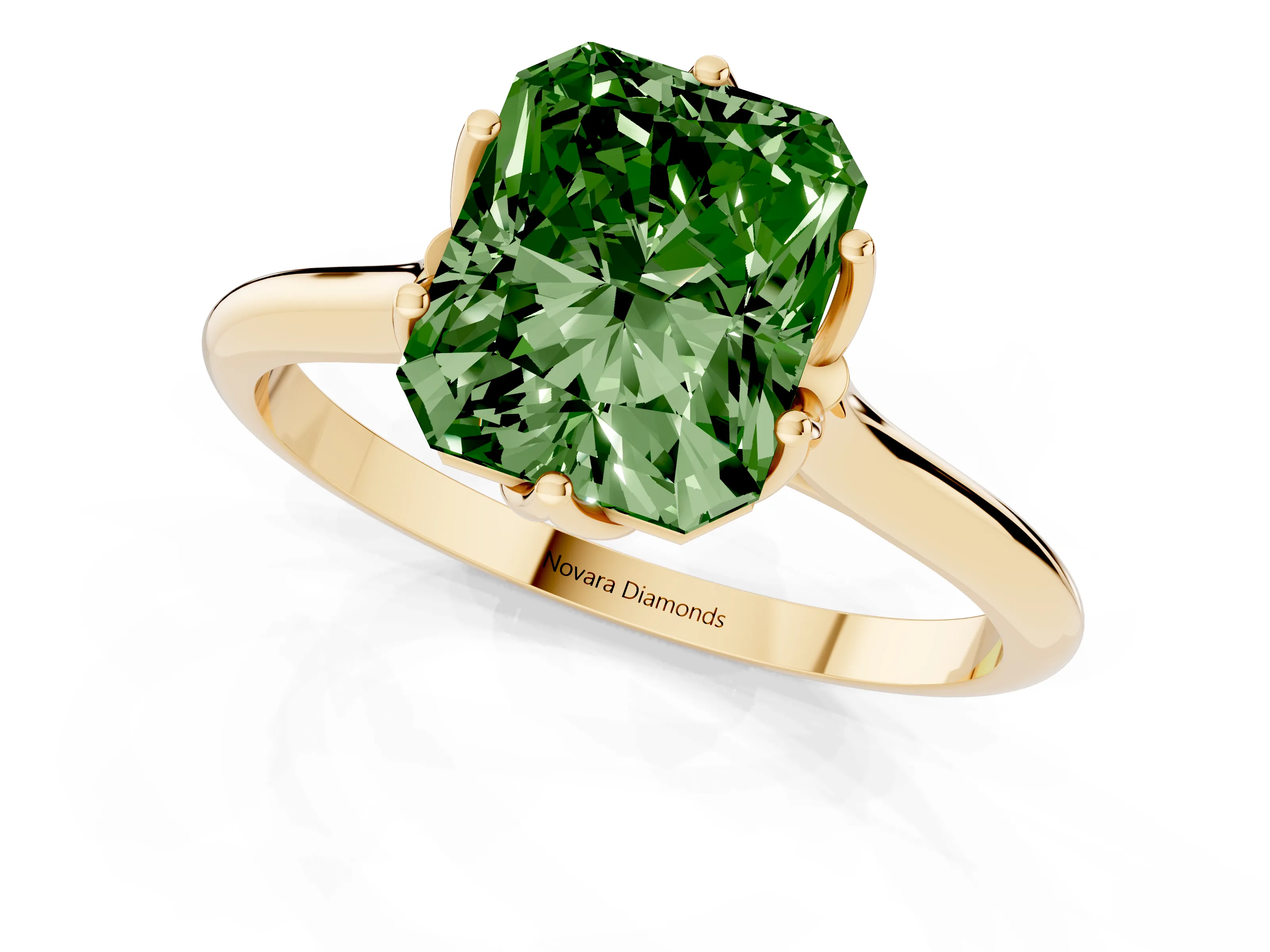 Fancy Green Radiant Cut Diamond Solitaire Cathedral Ring Set in Yellow gold with Prong Setting