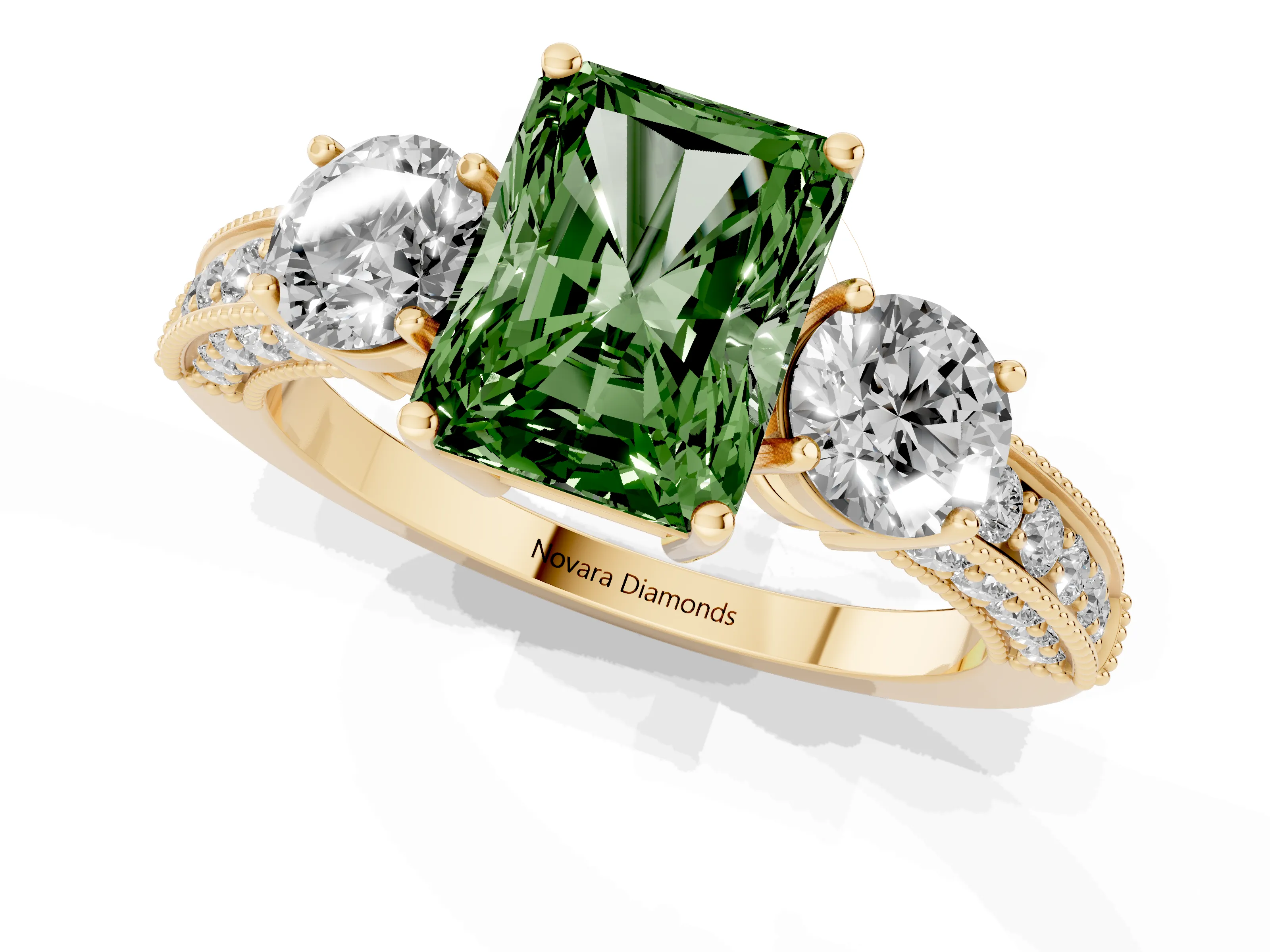 Fancy Green Radiant Cut Diamond Three-Stone Ring Set in Yellow gold with Round Side Stones and Pavé Band