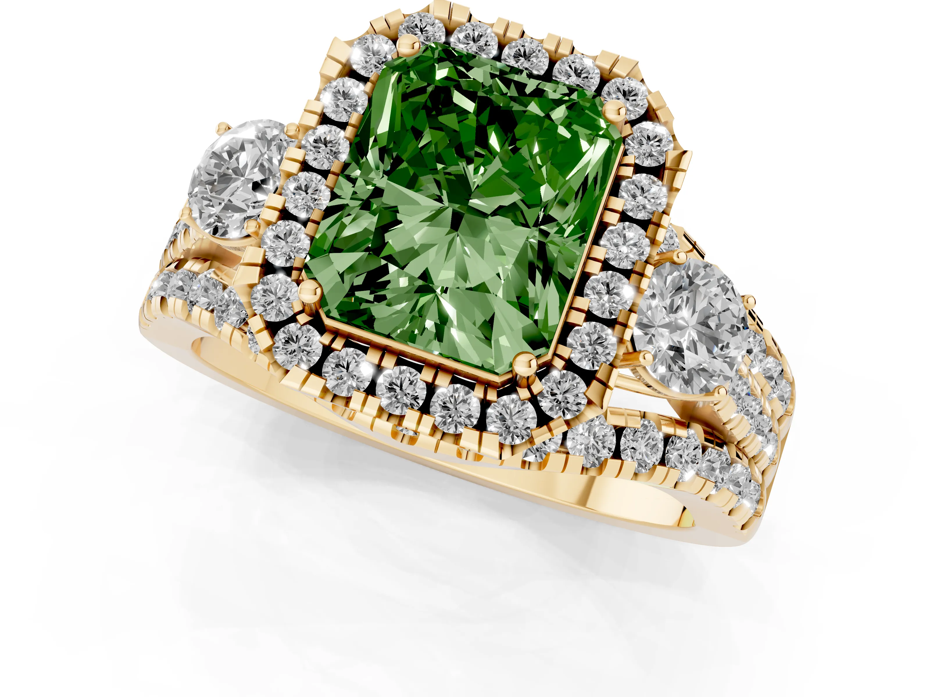 Fancy Green Radiant Cut Diamond Halo Split Shank Ring Set in Yellow gold with Round Accent Stones and Prong Setting