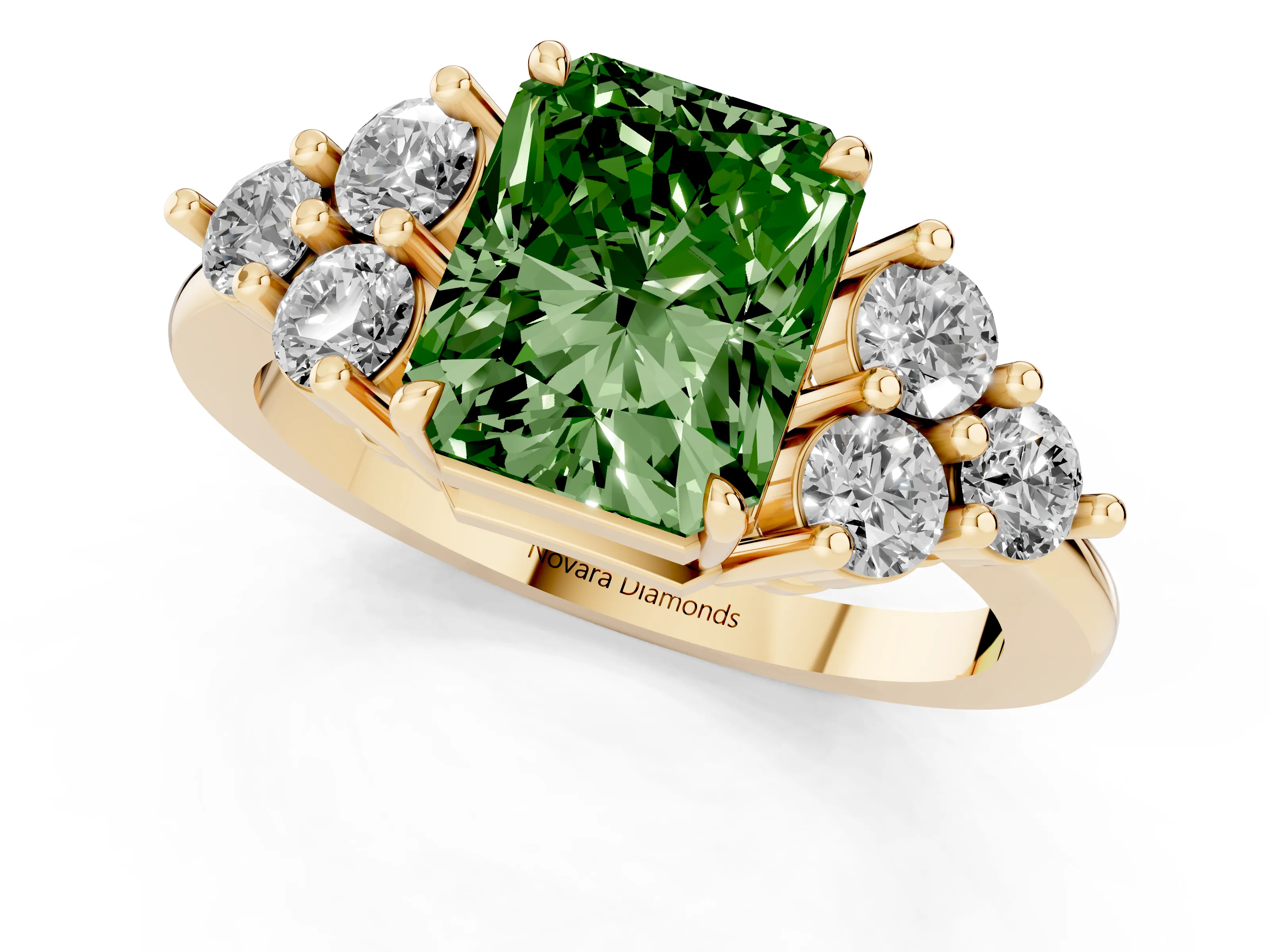 Fancy Green Radiant Cut Diamond Solitaire Ring Set in Yellow gold with Cluster Accents on Each Side