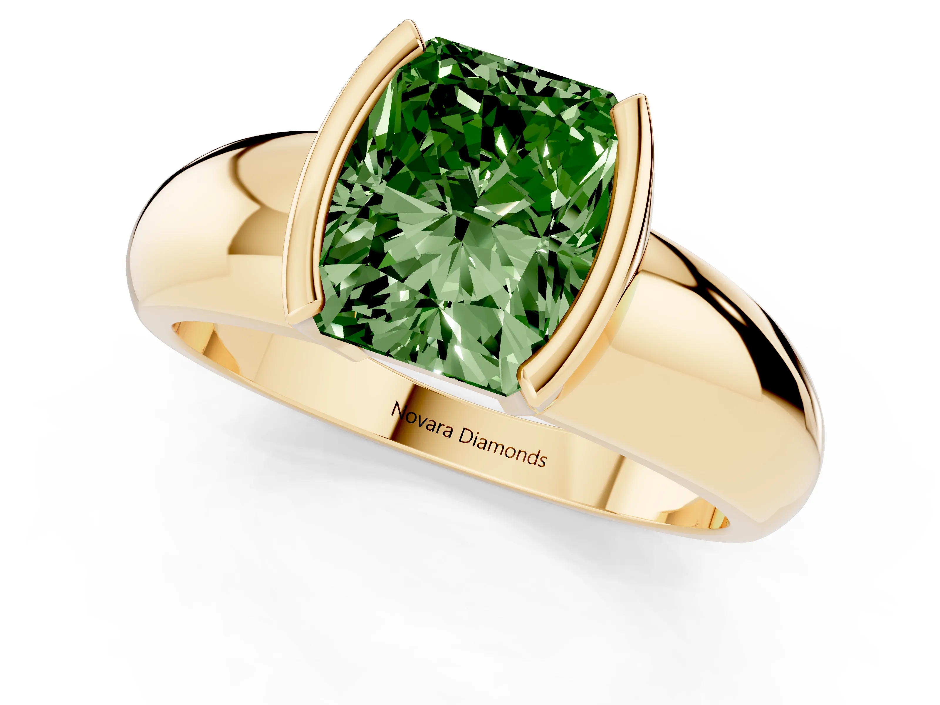 Fancy Green Radiant Cut Diamond Solitaire Tension Set Ring Set in Yellow gold with Wide Band