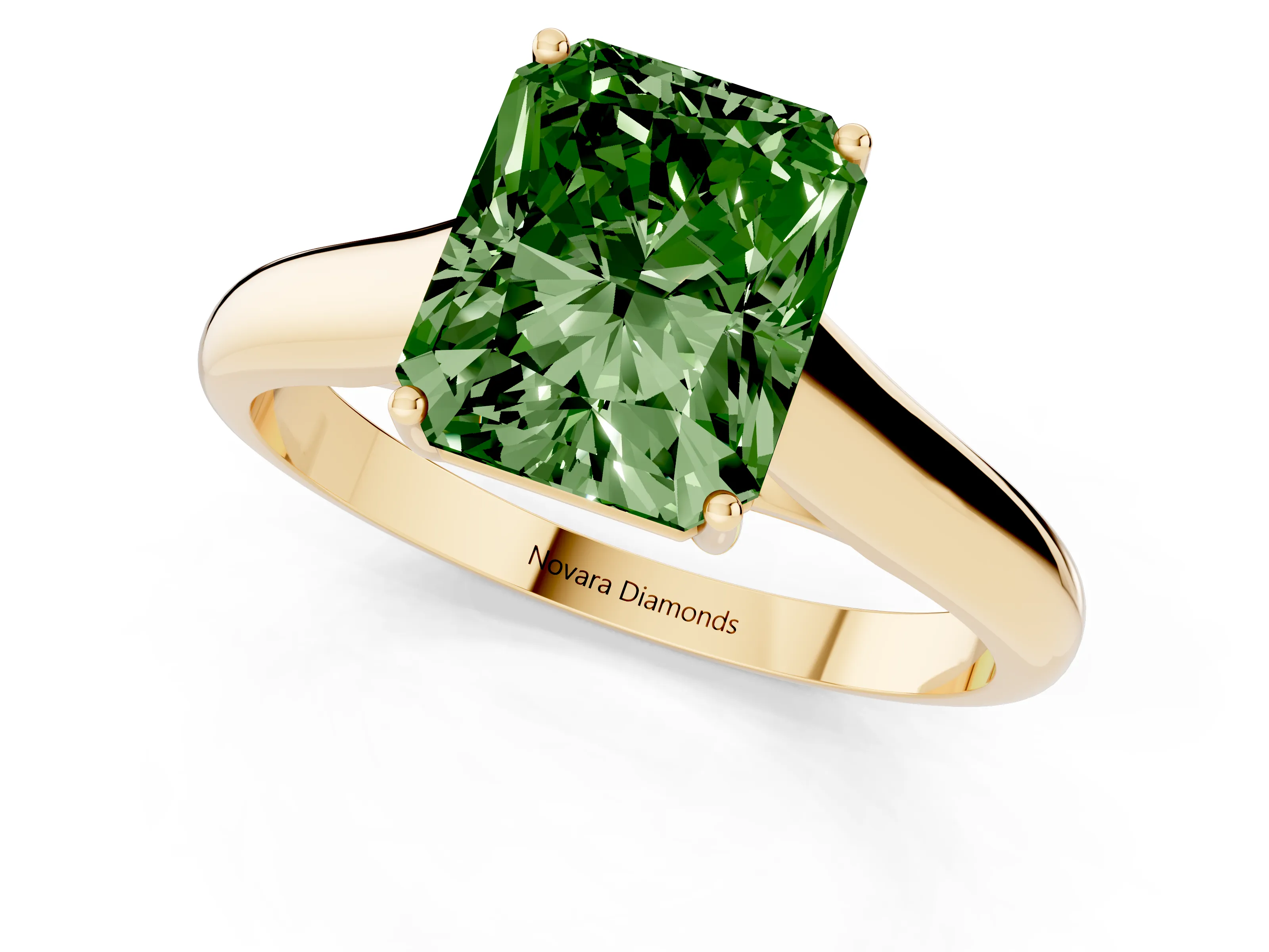 Fancy Green Radiant Cut Diamond Solitaire Engagement Ring Set in Yellow gold with Subtly Tapered Band and Prong Setting