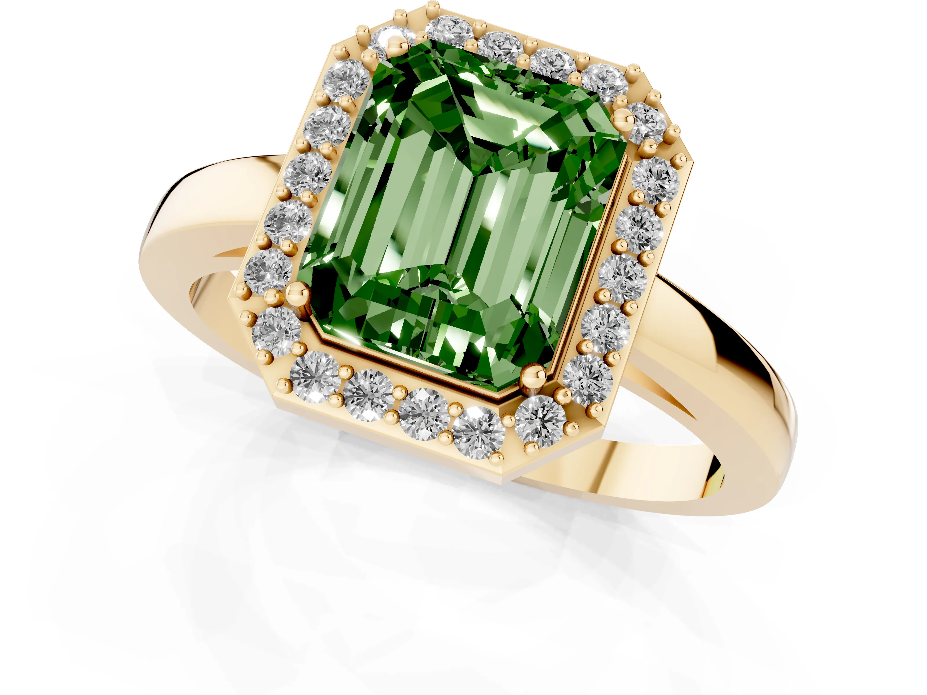 Fancy Green Radiant Cut Diamond Halo Ring Set in Yellow gold with Solitaire Band and Prong Setting
