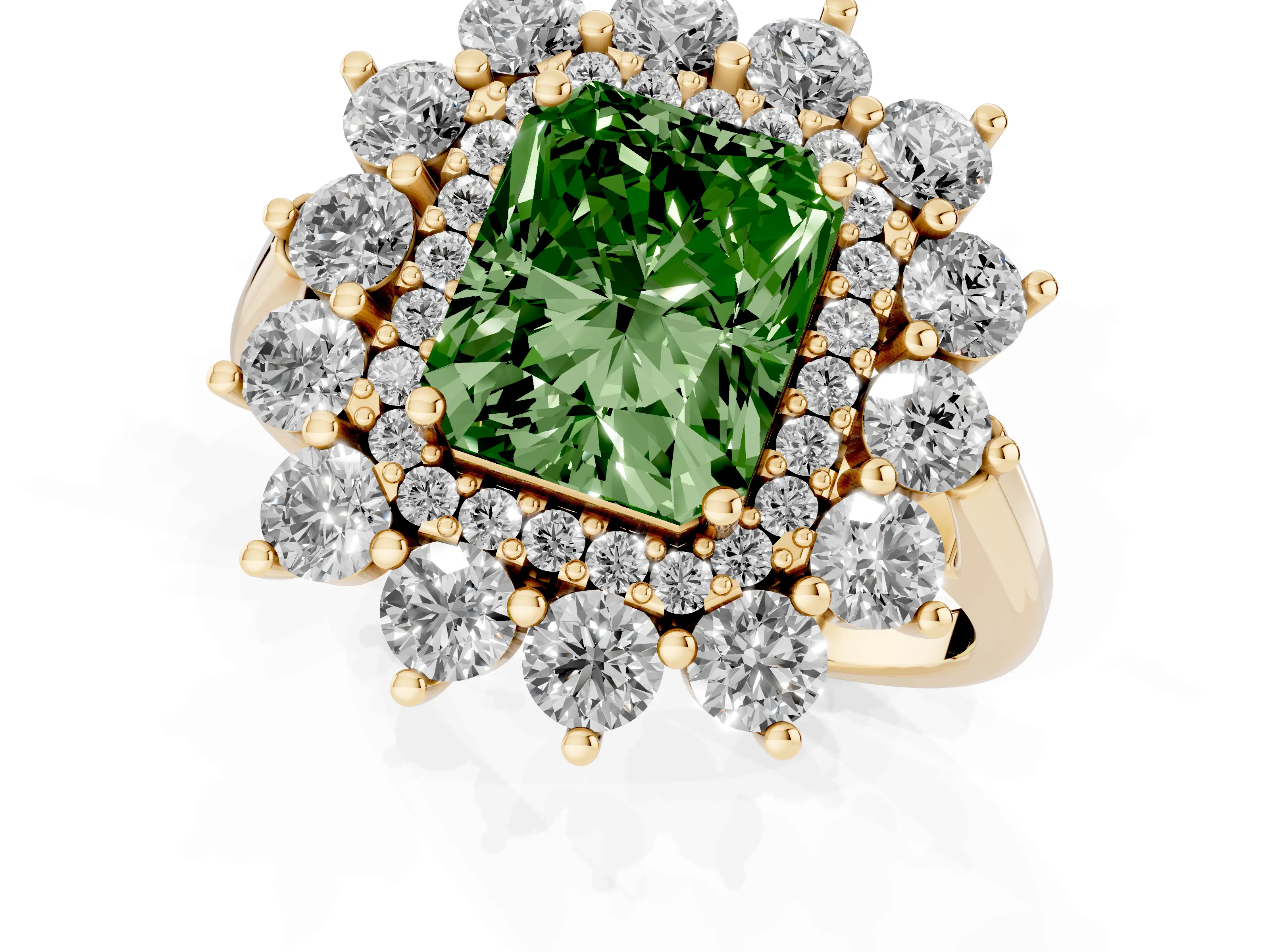 Fancy Green Radiant Cut Diamond Floral Double Halo Ring Set in Yellow gold with Round Petals