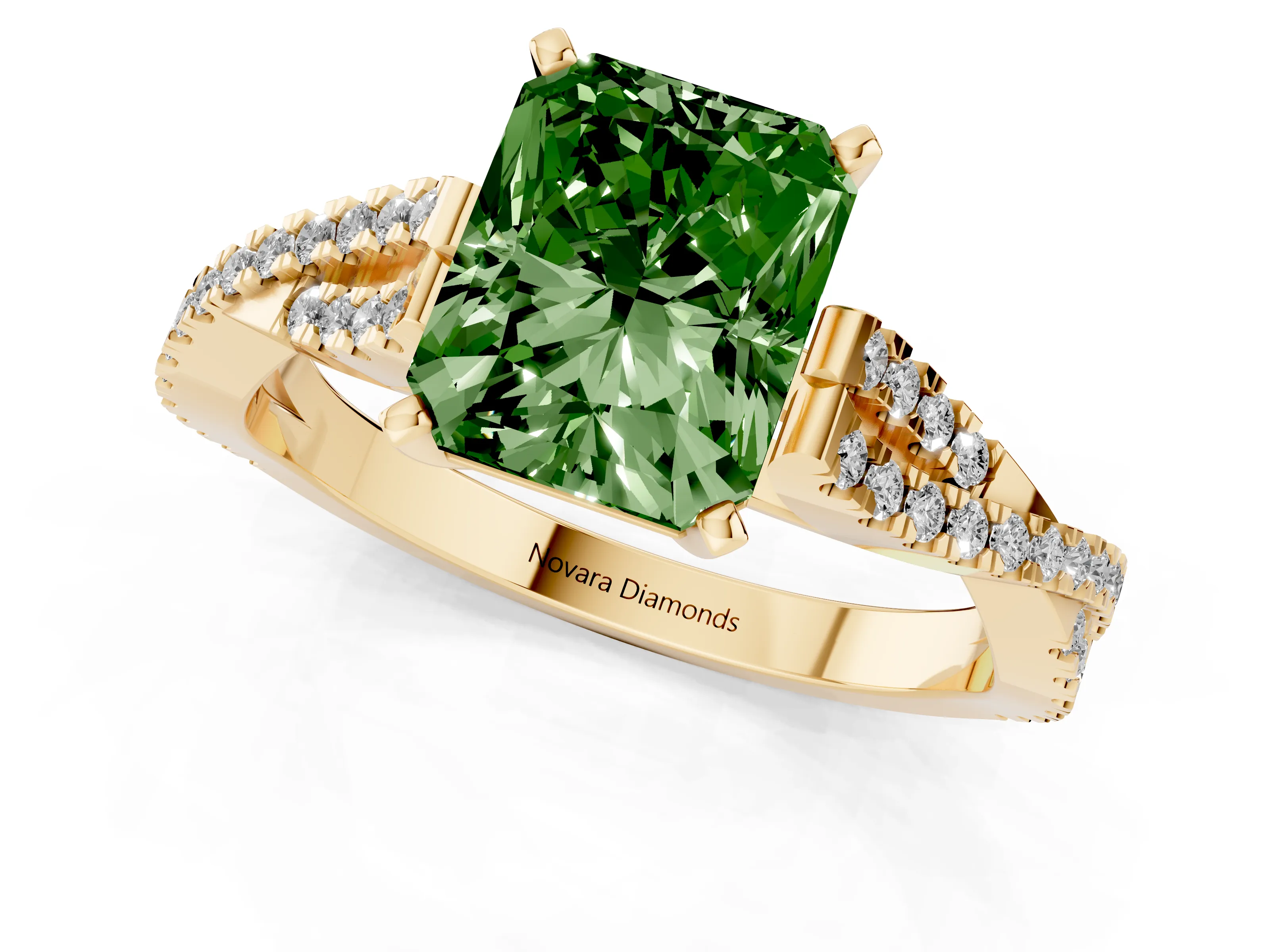 Fancy Green Radiant Cut Diamond Solitaire Engagement Ring Set in Yellow gold with Twisted Pavé Band and Prong Setting