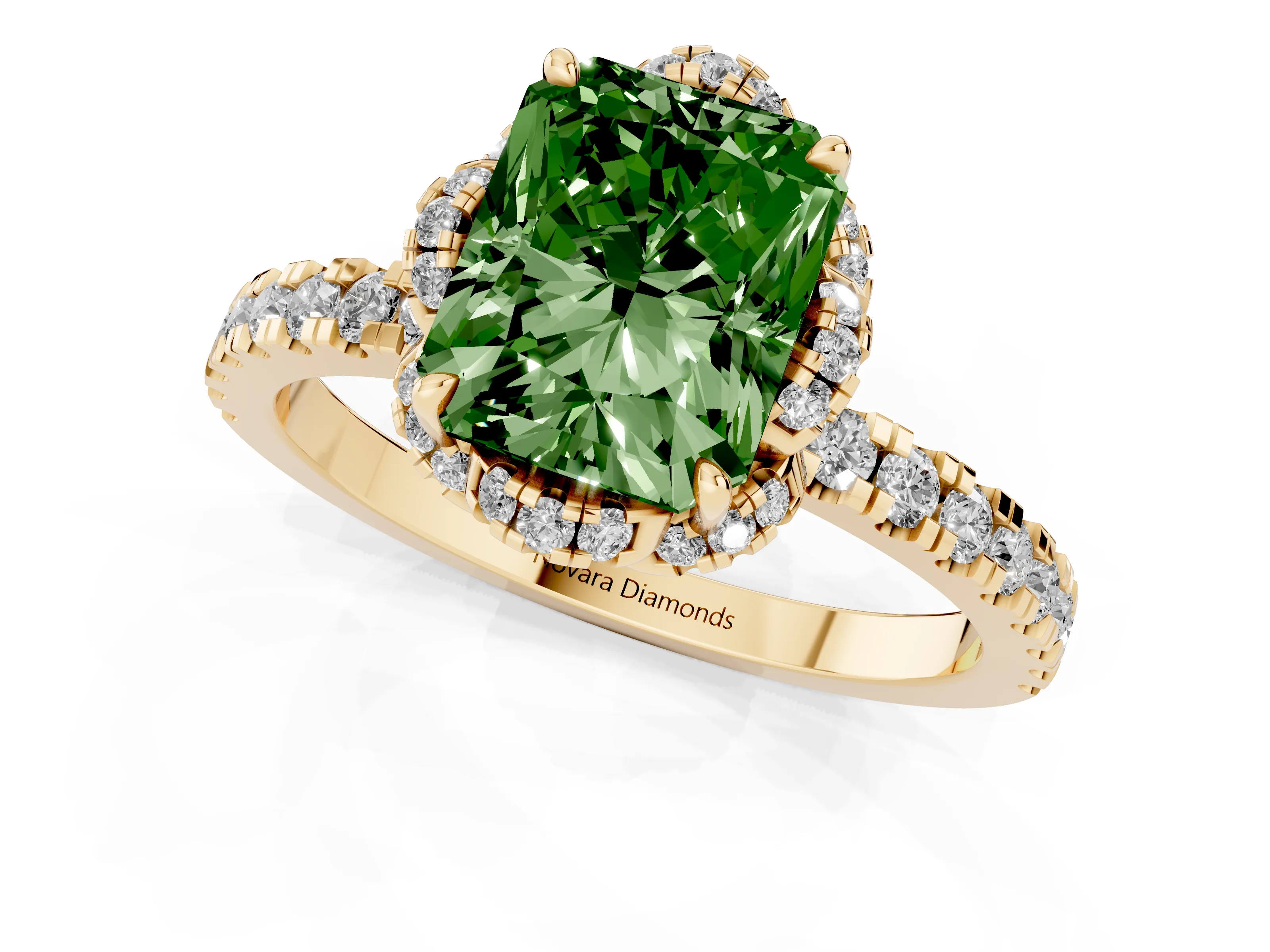 Fancy Green Radiant Cut Diamond Halo Pavé Band Ring Set in Yellow gold with Prong-Held Center