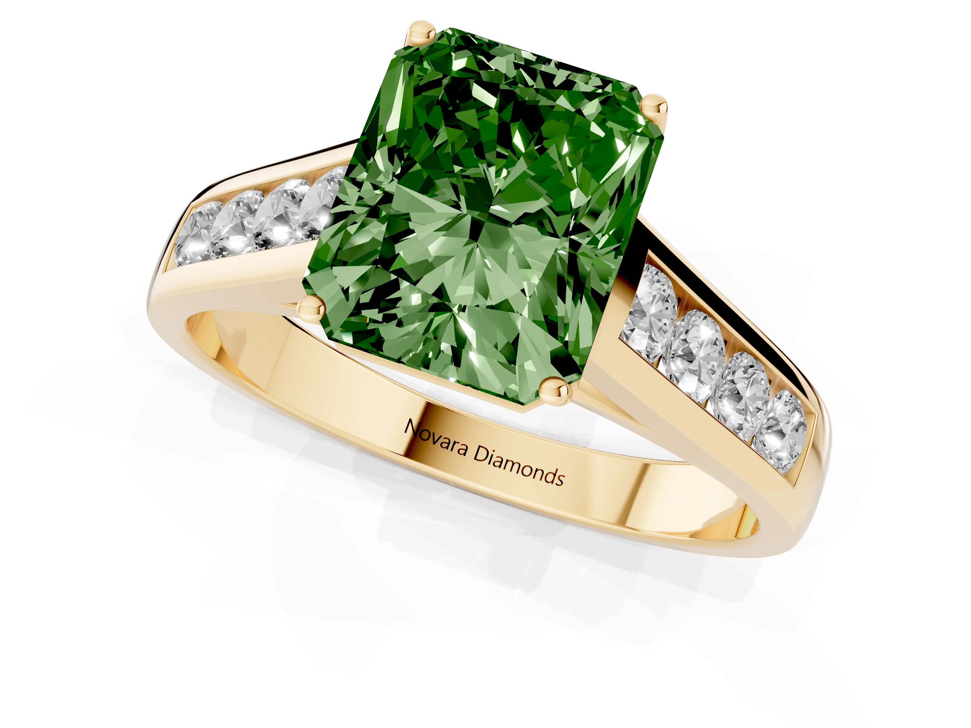 Fancy Green Radiant Cut Diamond Brilliant Channel-Set Solitaire Ring Set in Yellow gold with Prong Setting