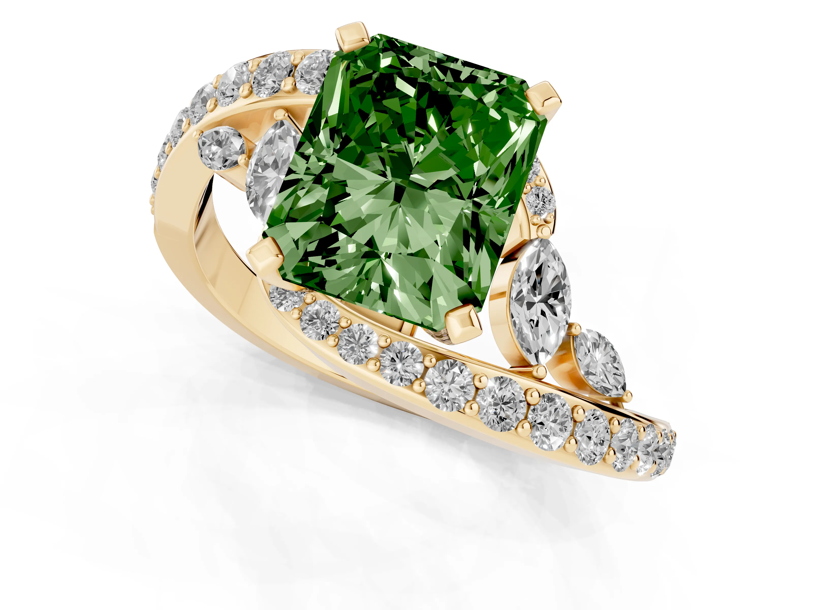 Fancy Green Radiant Cut Diamond Solitaire Ring Set in Yellow gold with Pavé Twist Band and Secure Prong Setting