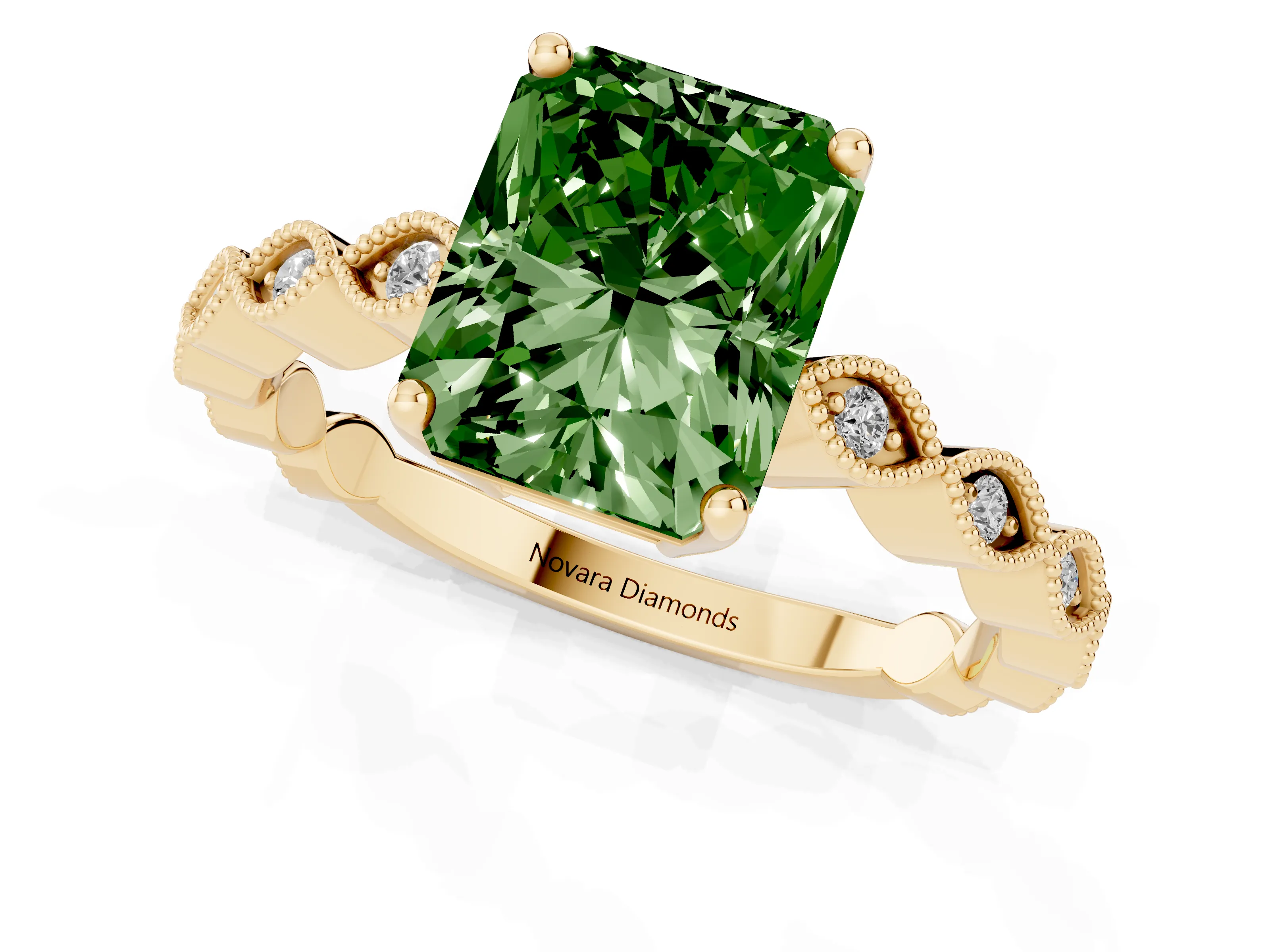 Fancy Green Radiant Cut Diamond Solitaire Ring Set in Yellow gold with Infinity Twist Pavé Band