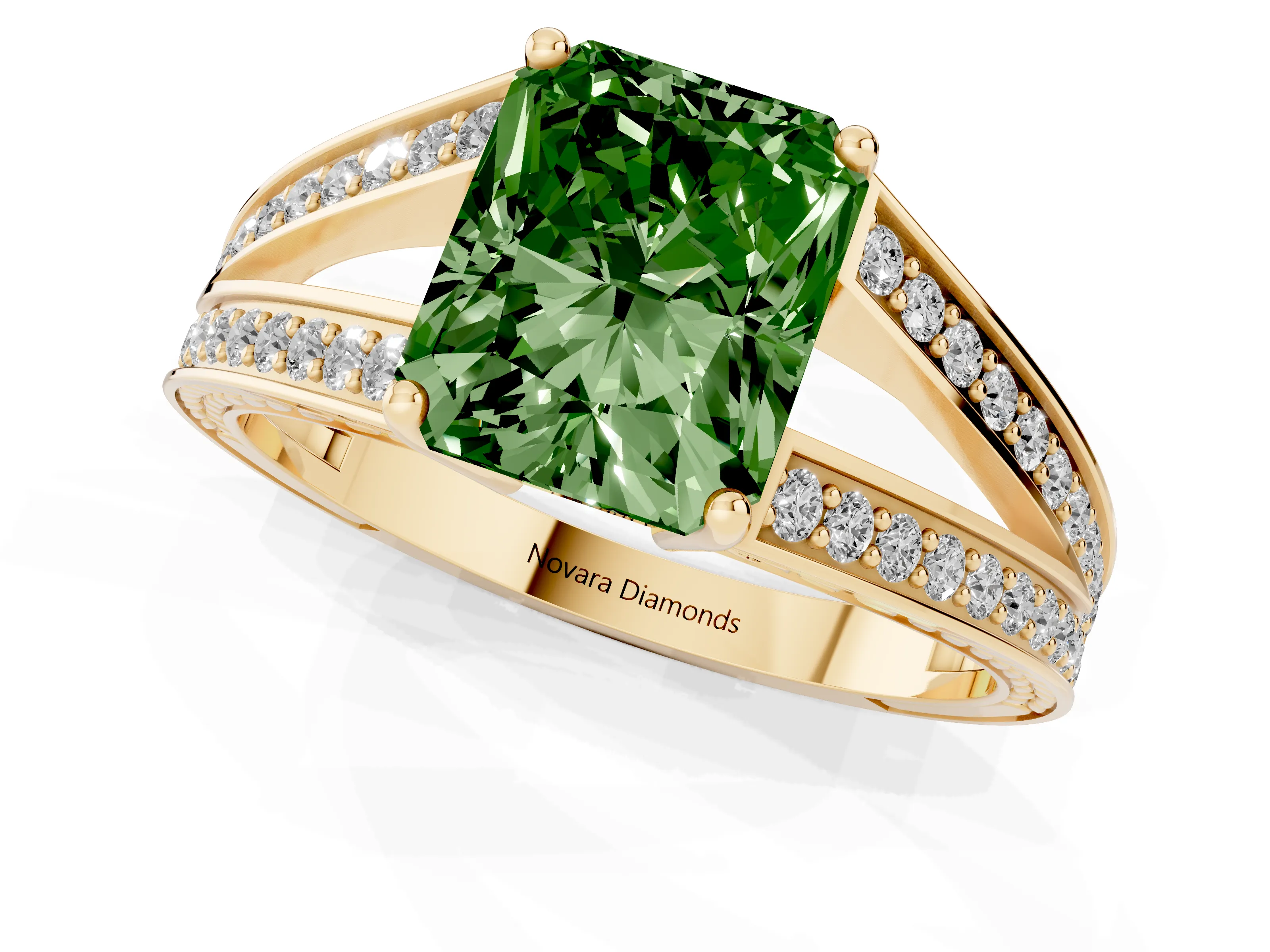 Fancy Green Radiant Cut Diamond Split Shank Ring Set in Yellow gold with Pavé Band and Prong Setting