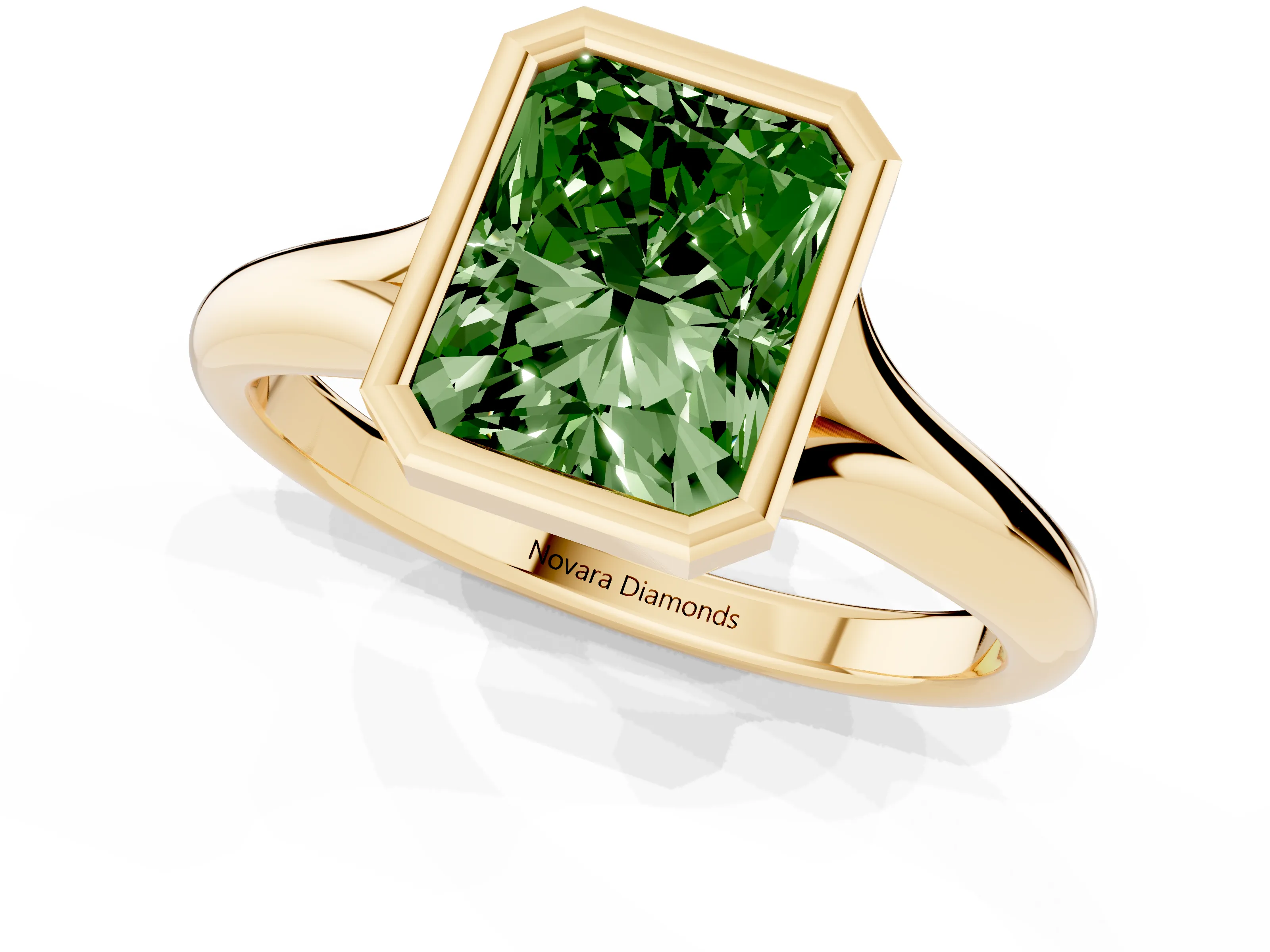 Fancy Green Bezel Set Radiant Cut Diamond Solitaire Ring Set in Yellow gold with Smooth Band