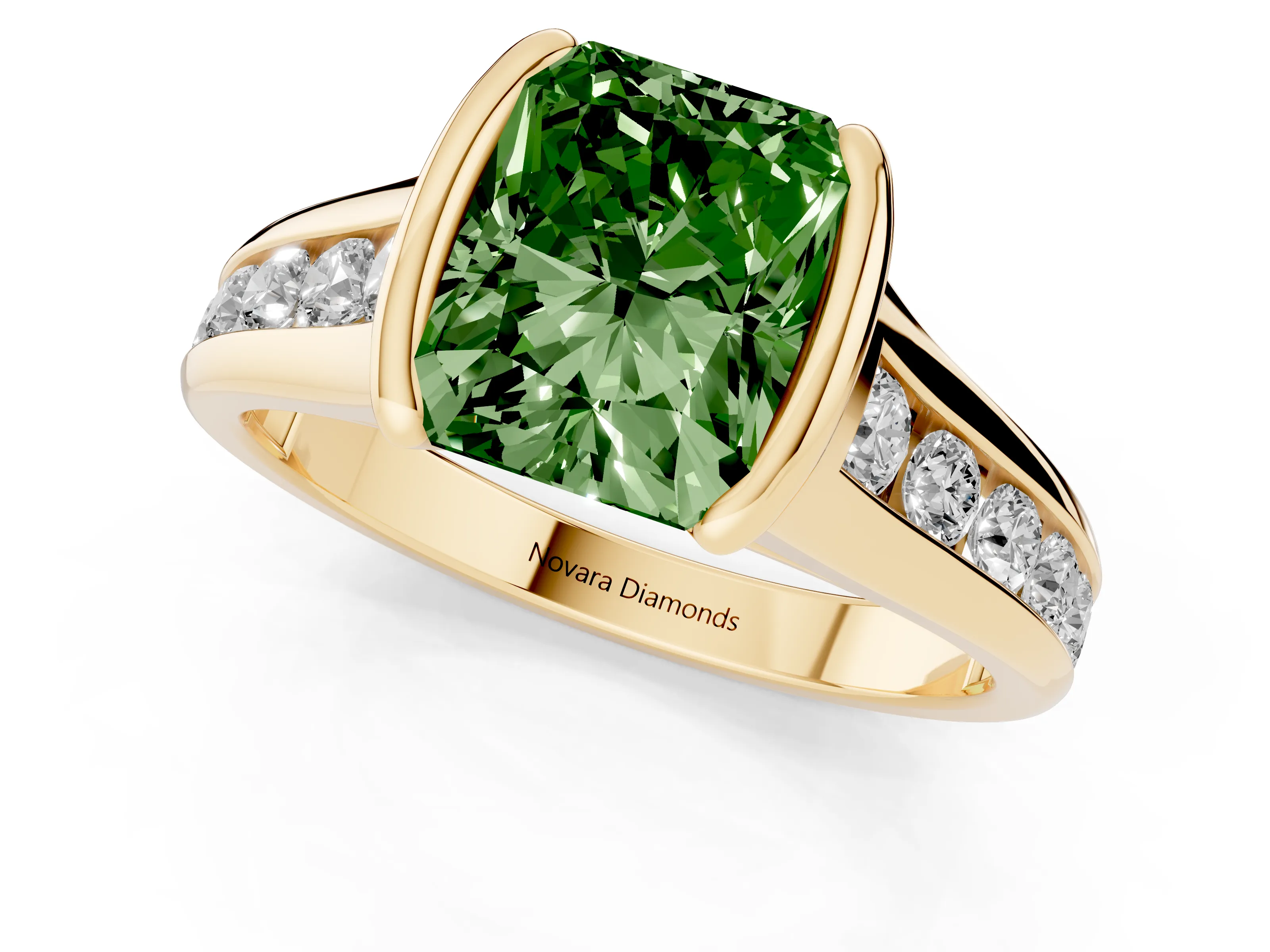 Fancy Green Radiant Cut Diamond Bezel-Set Solitaire Ring Set in Yellow gold with Channel-Set Band