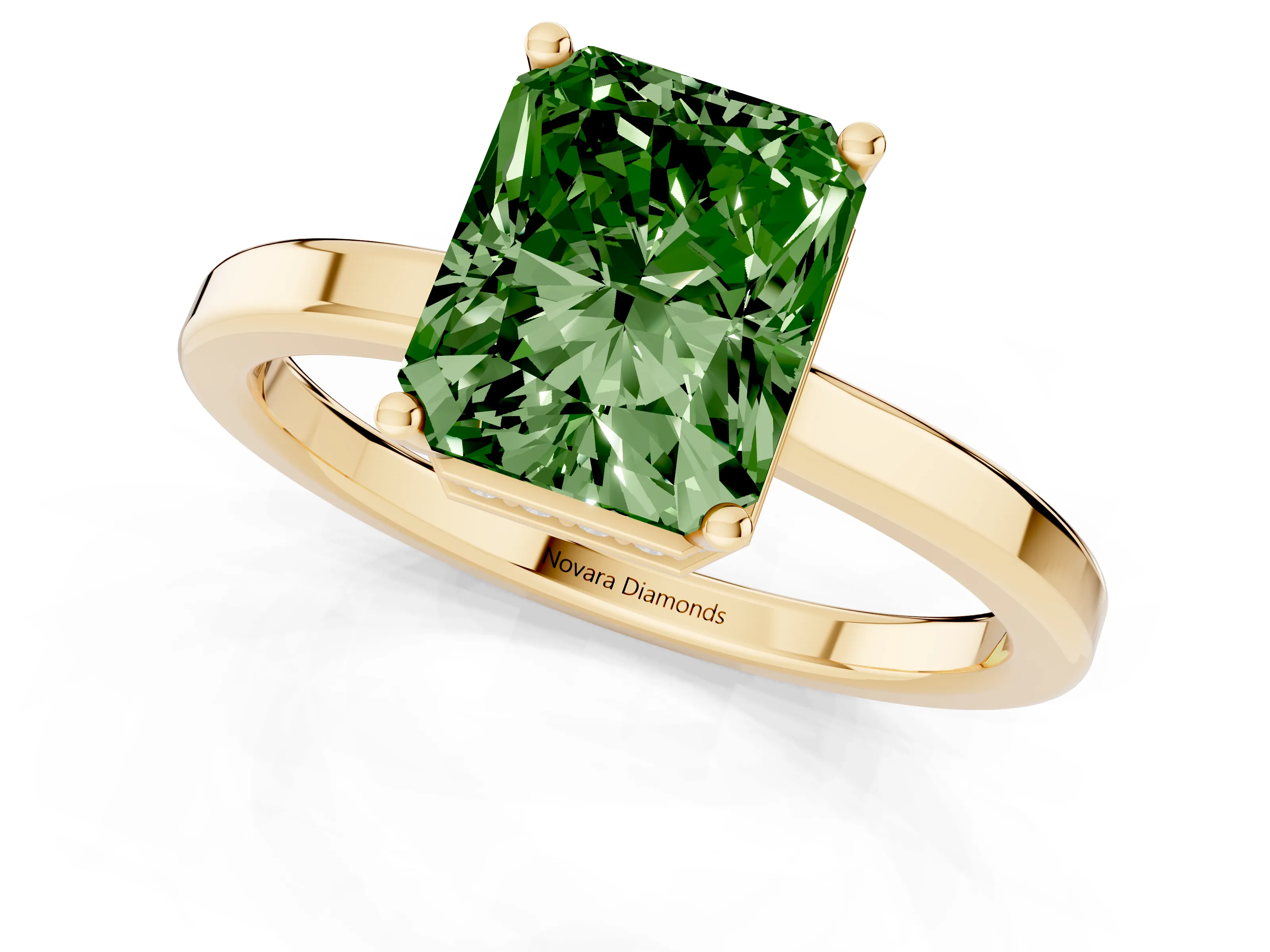 Fancy Green Radiant Cut Diamond Solitaire Engagement Ring Set in Yellow gold with Prong Setting on a Plain Band