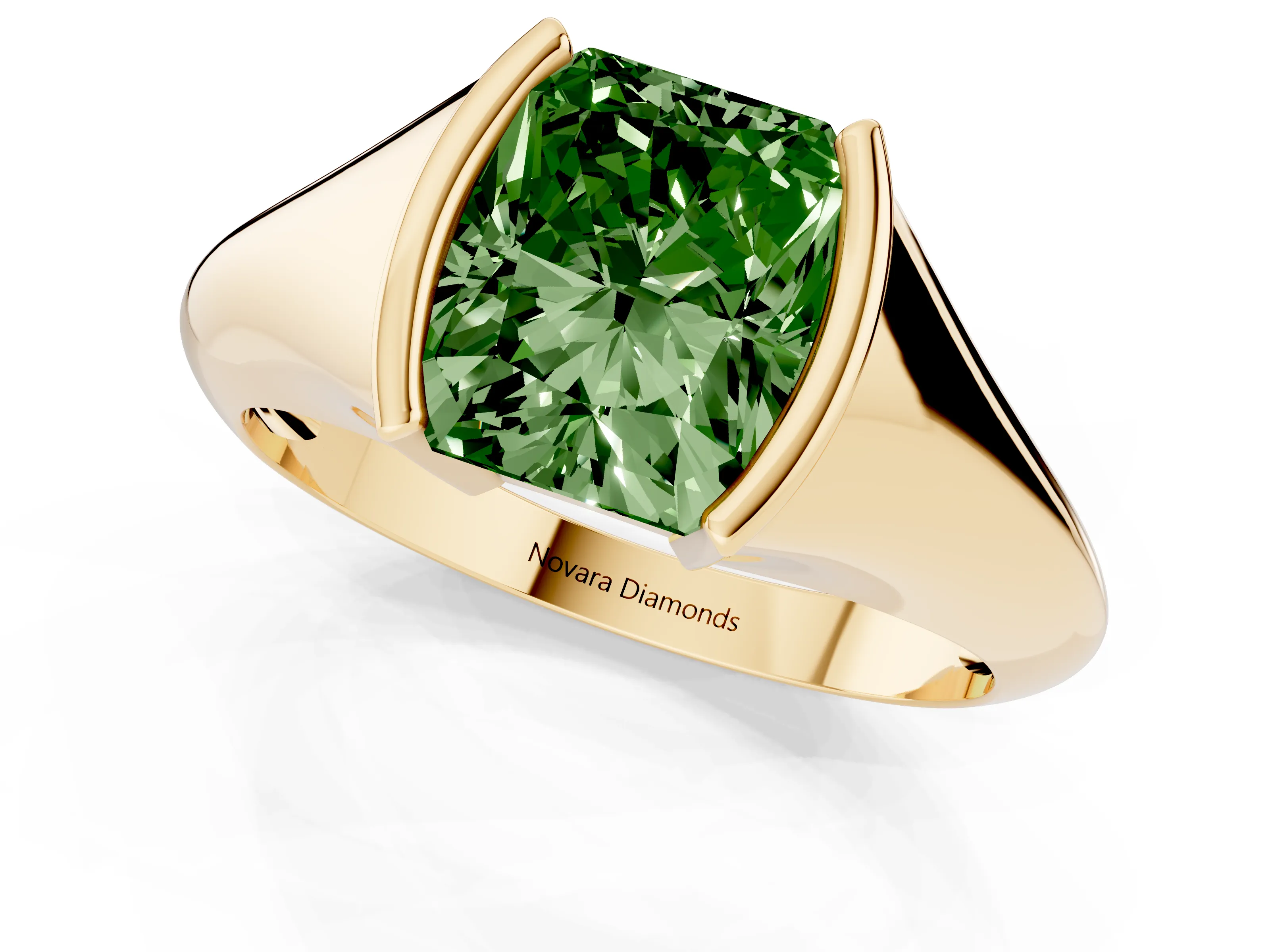 Fancy Green Radiant Cut Diamond Solitaire Tension Set Ring Set in Yellow gold