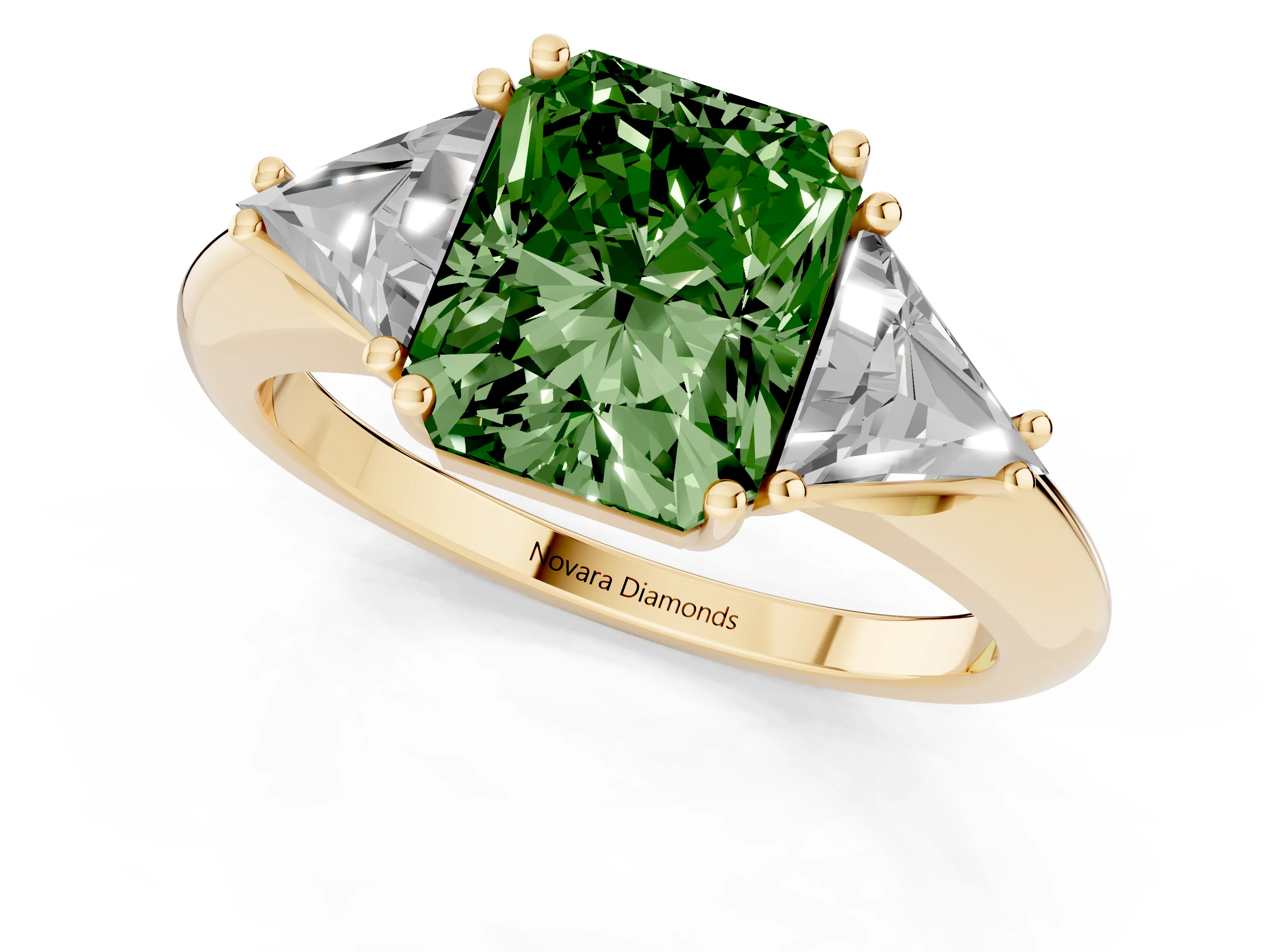 Fancy Green Radiant Cut Diamond Three-Stone Engagement Ring Set in Yellow gold with Trillion Side Stones
