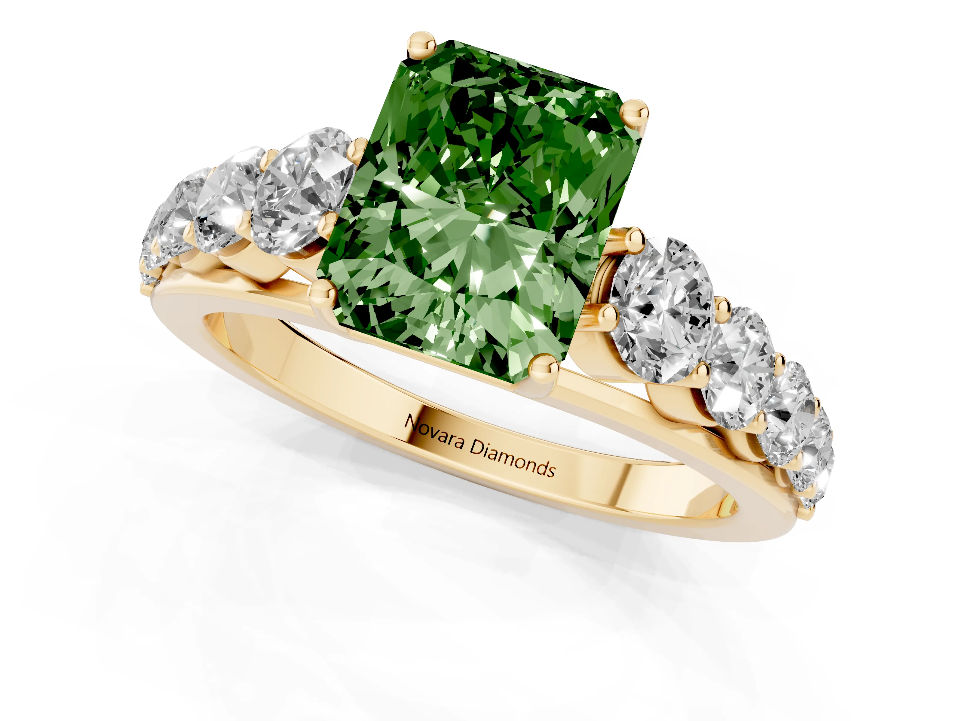 Fancy Green Radiant Cut Diamond Solitaire Ring Set in Yellow gold with Pavé-Set Band and Prong Setting