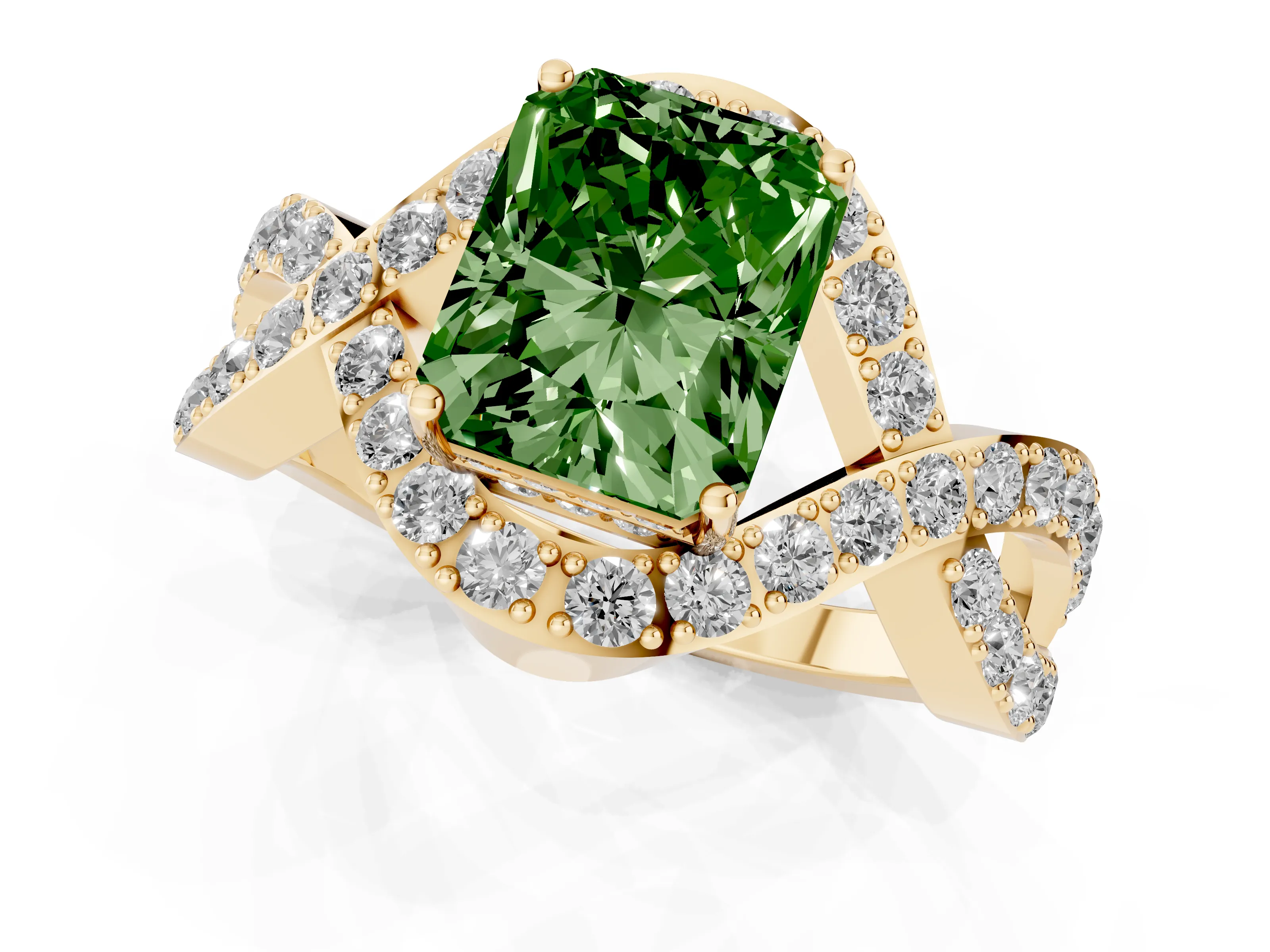 Fancy Green Radiant Cut Diamond Solitaire Twist Band Pavé Engagement Ring Set in Yellow gold