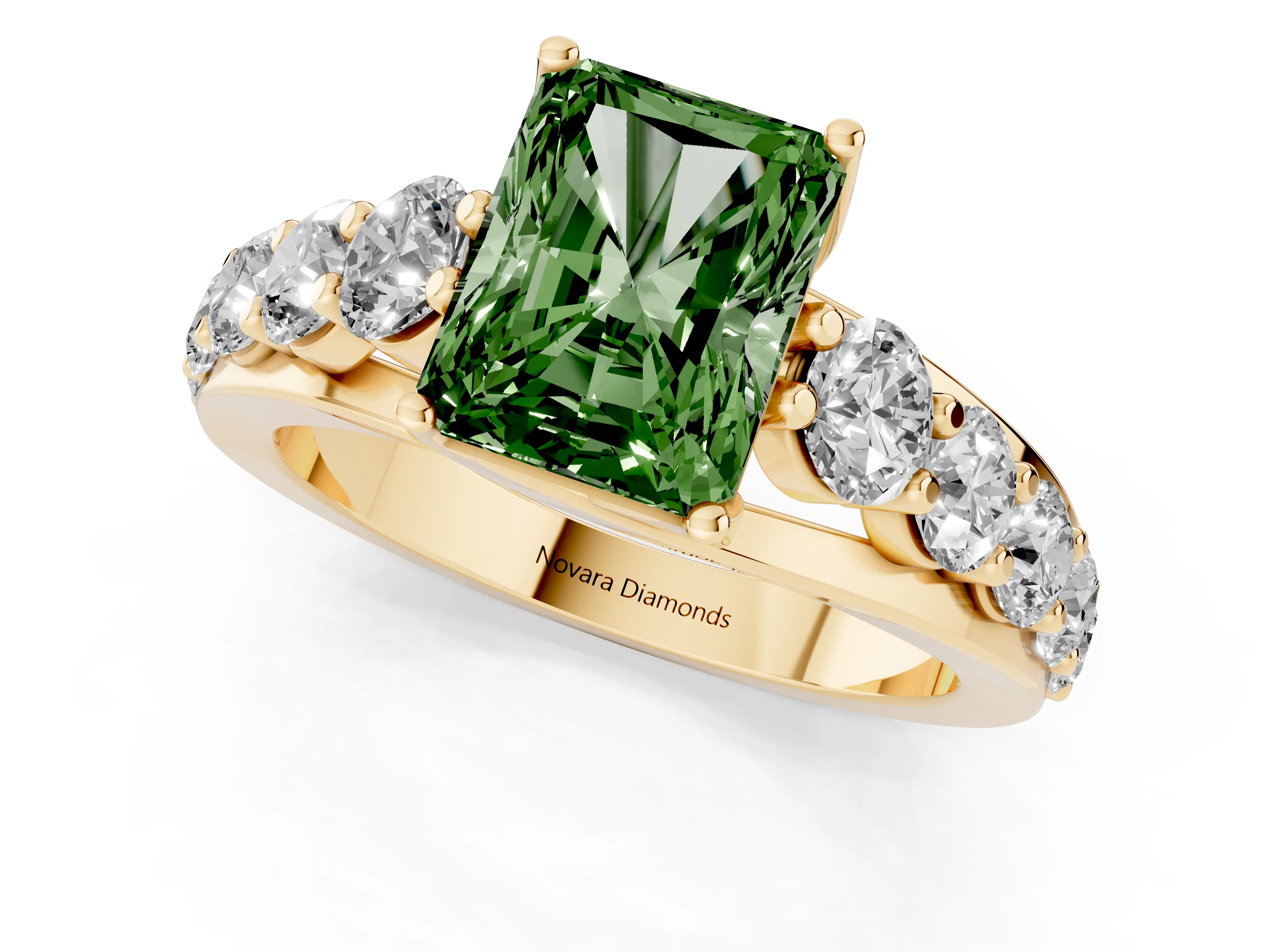 Fancy Green Radiant Cut Diamond Pavé Engagement Ring Set in Yellow gold with Prong Setting