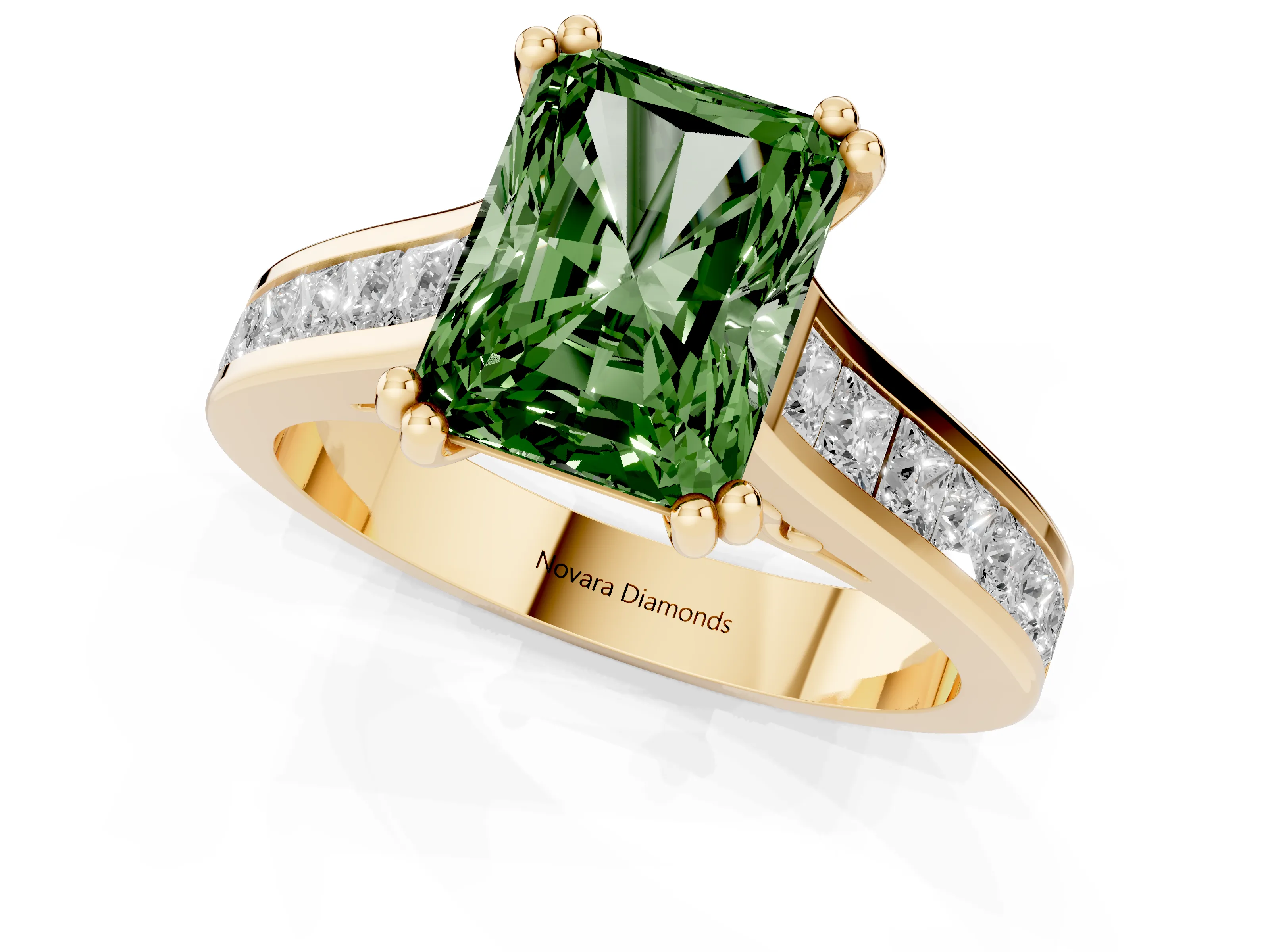 Fancy Green Radiant Cut Diamond Channel Set Solitaire Engagement Ring Set in Yellow gold with Prong Setting
