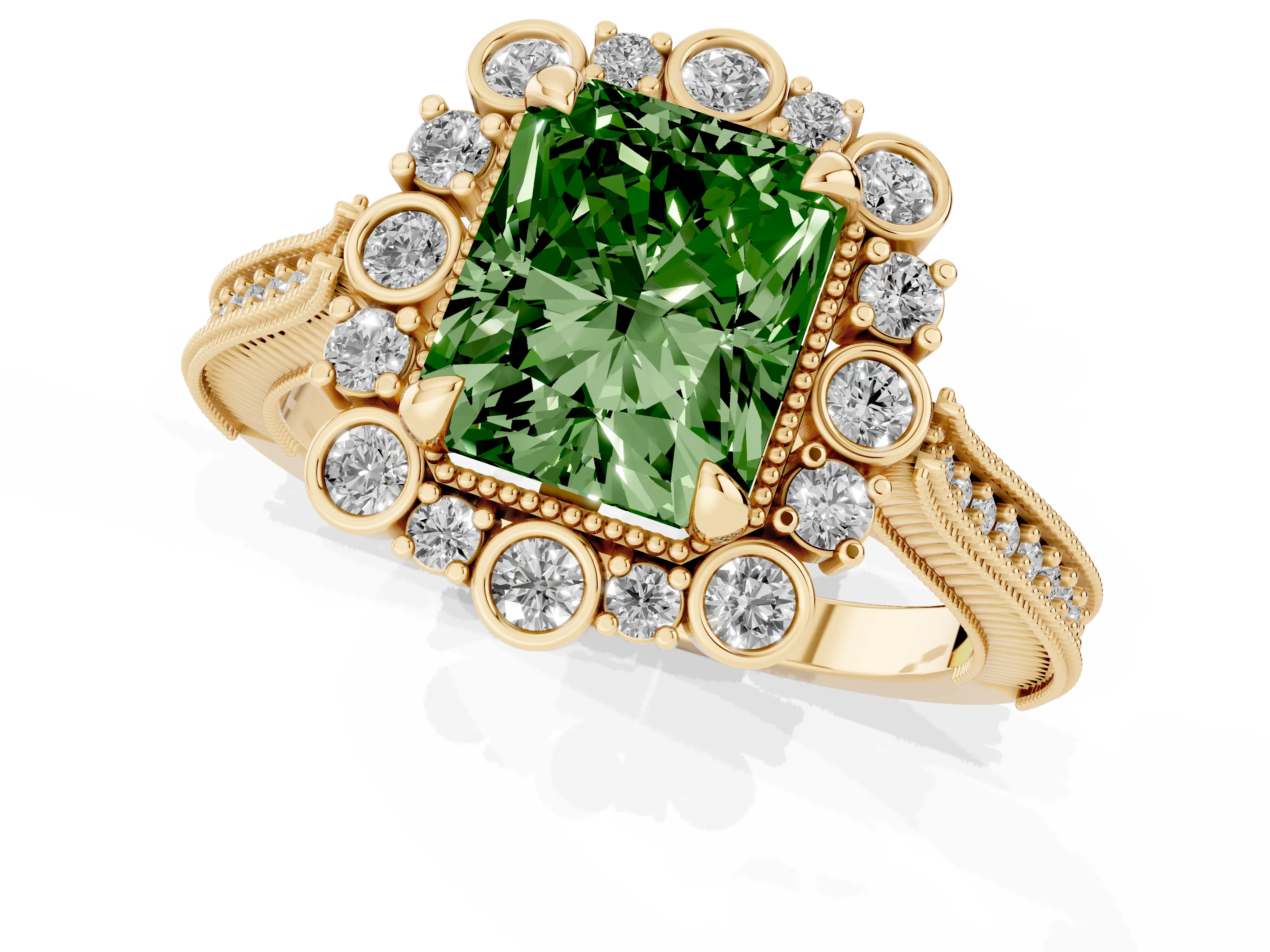 Fancy Green Radiant Cut Diamond Halo Milgrain Pavé Ring Set in Yellow gold with Prong Setting