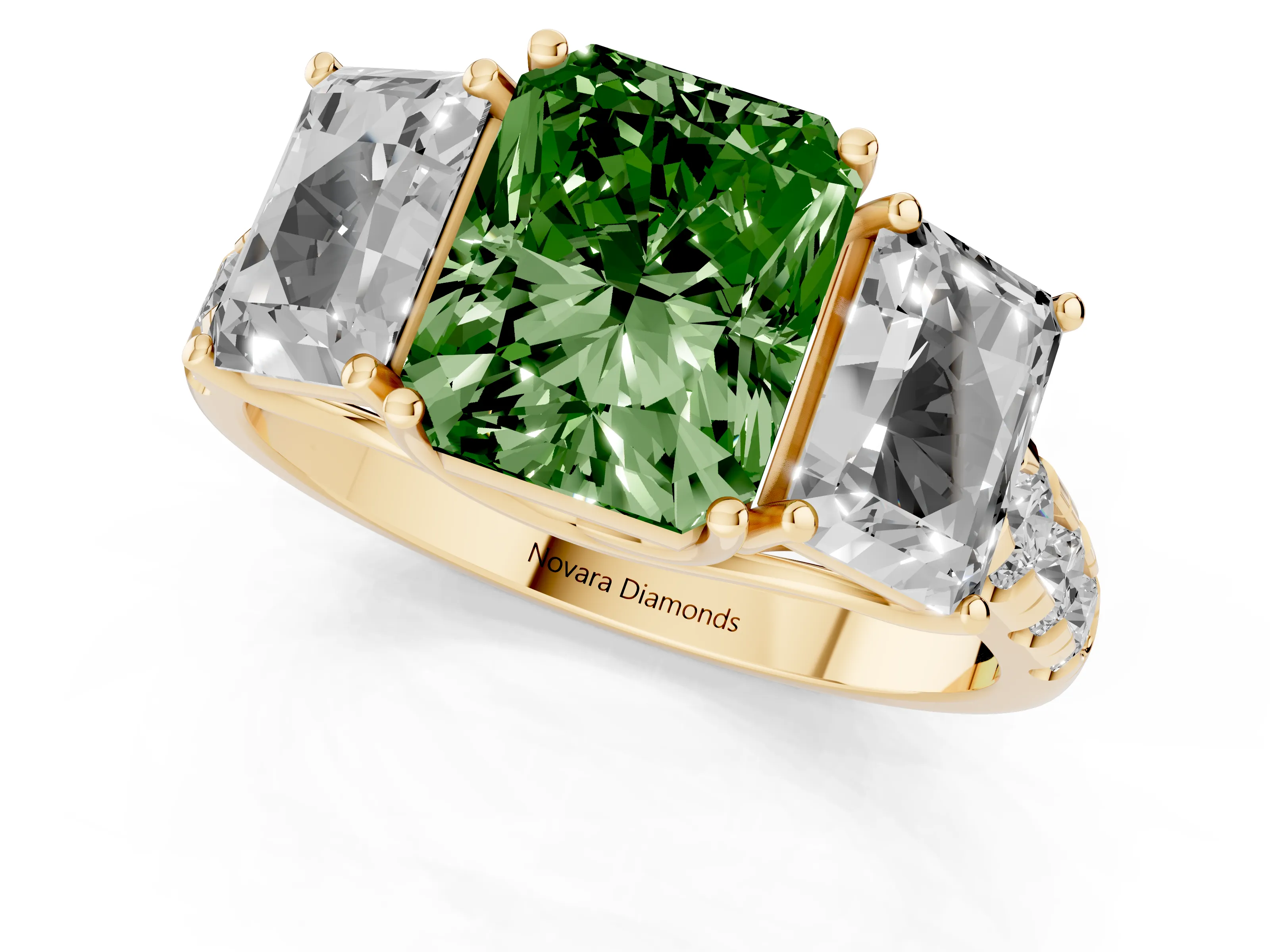 Fancy Green Radiant Cut Diamond Three-Stone Ring Set in Yellow gold with Pavé Band