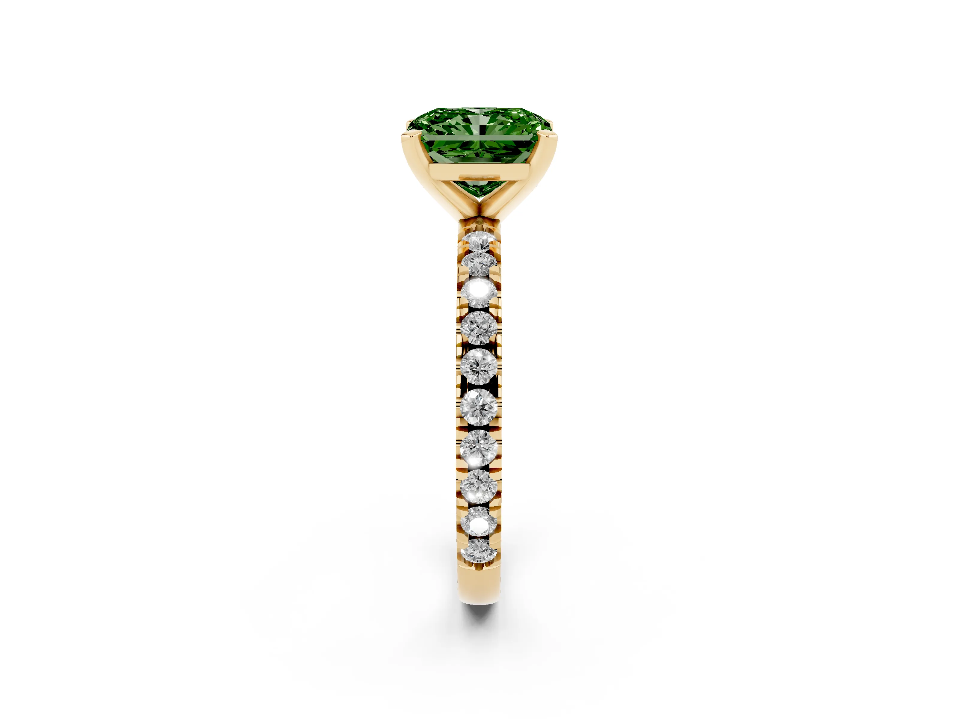 Fancy Green Radiant Cut Diamond Pavé Band Solitaire Set in Yellow gold with Prong Setting