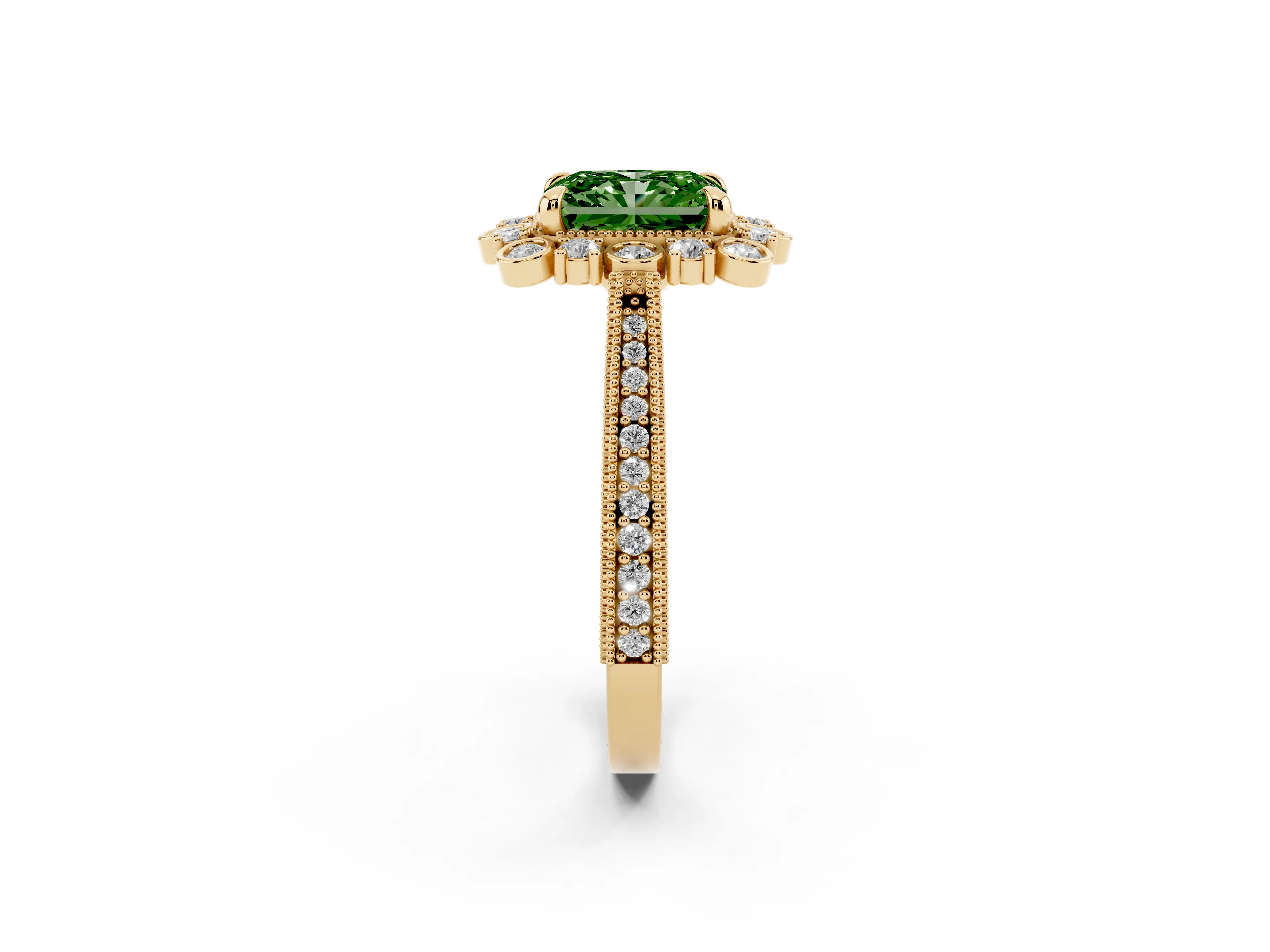Fancy Green Radiant Cut Diamond Halo Milgrain Pavé Ring Set in Yellow gold with Prong Setting
