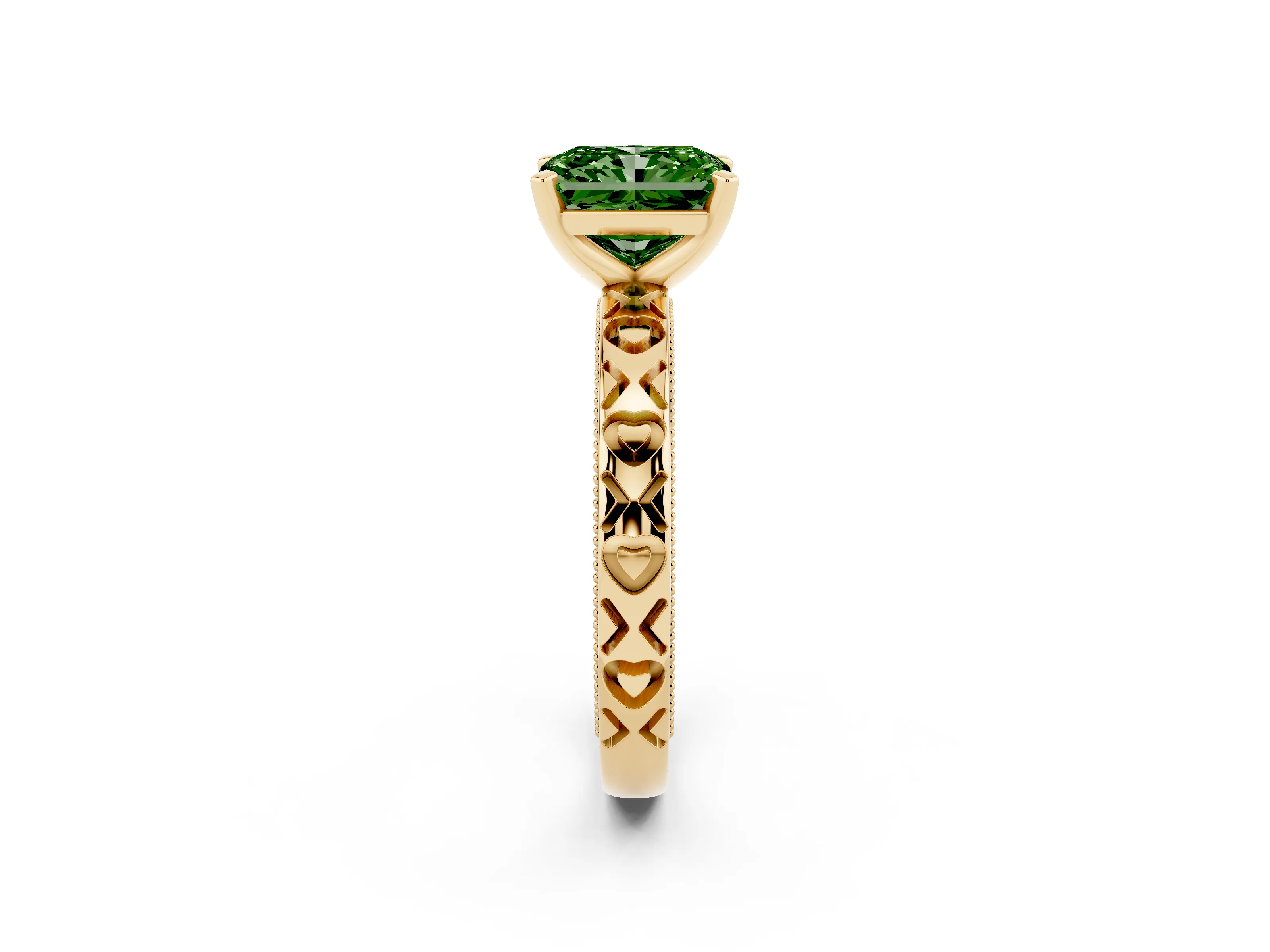 Fancy Green Radiant Cut Diamond Solitaire Engagement Ring Set in Yellow gold with XO Engraved Band and Prong Setting