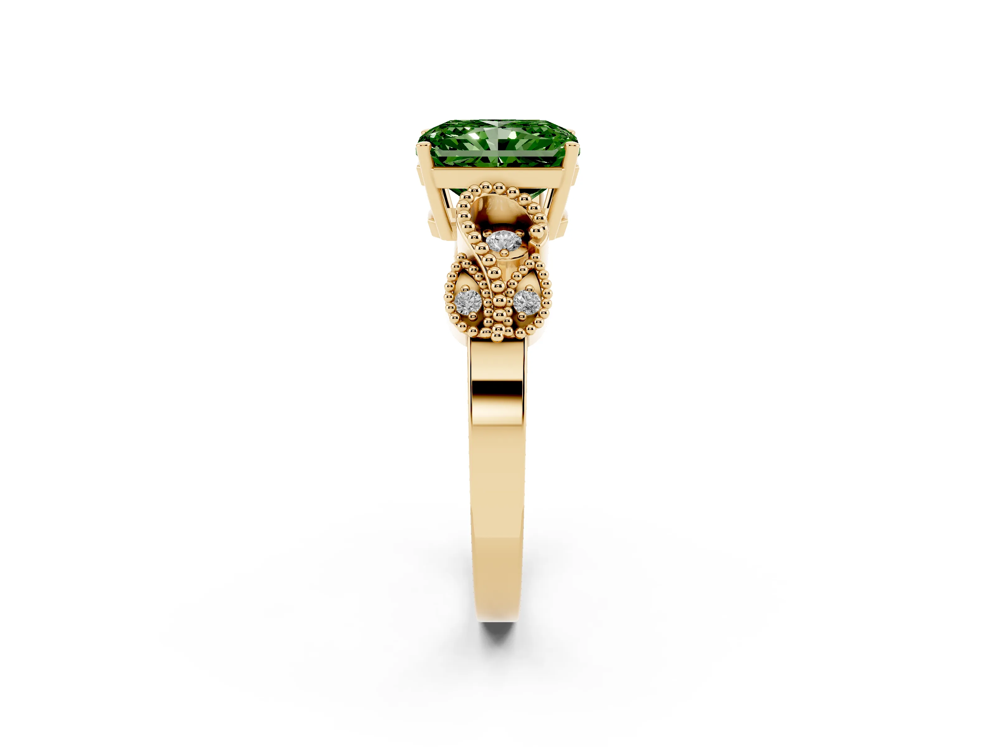 Fancy Green Radiant Cut Diamond Milgrain Leaf Band Solitaire Ring Set in Yellow gold with Accent Stones and Prong Setting