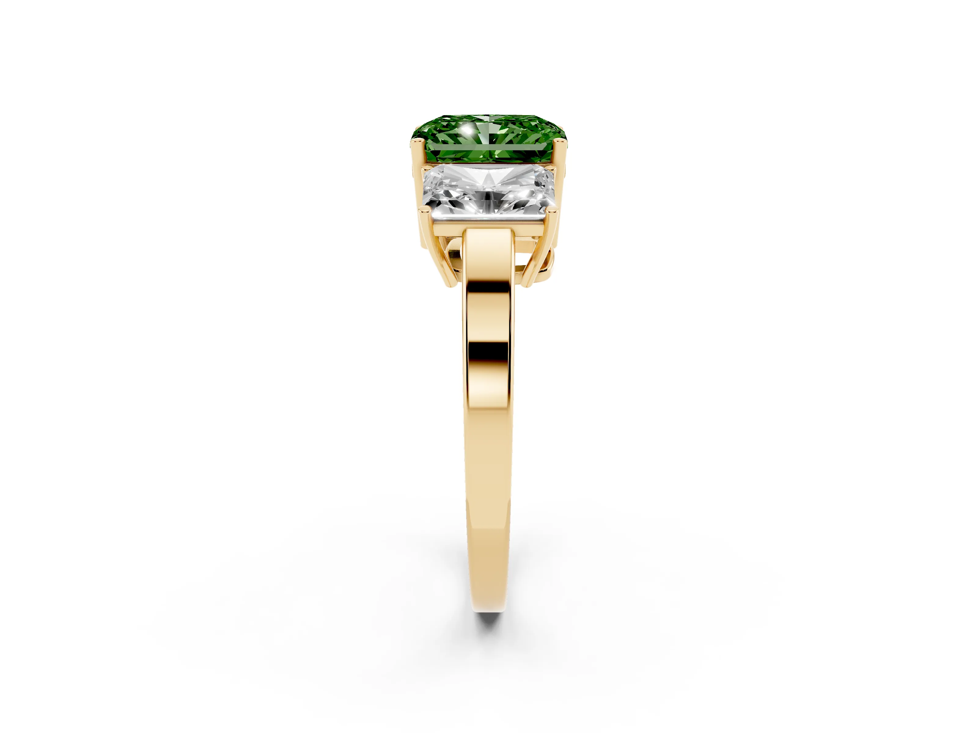 Fancy Green Radiant Cut Diamond Three-Stone Engagement Ring Set in Yellow gold with Flat Band