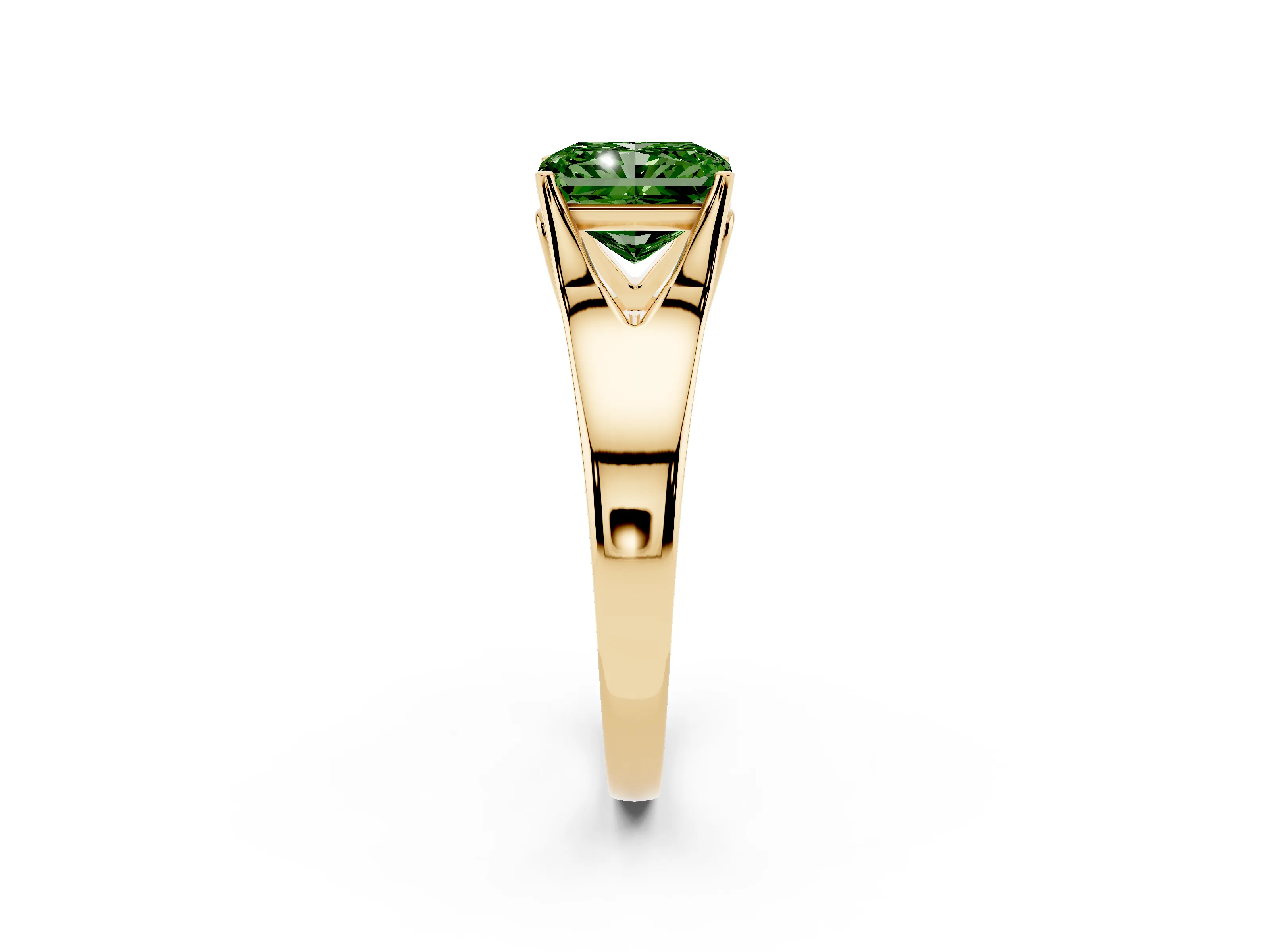 Fancy Green Radiant Cut Diamond Solitaire Ring Set in Yellow gold with Arched Cathedral Band and Prong Setting