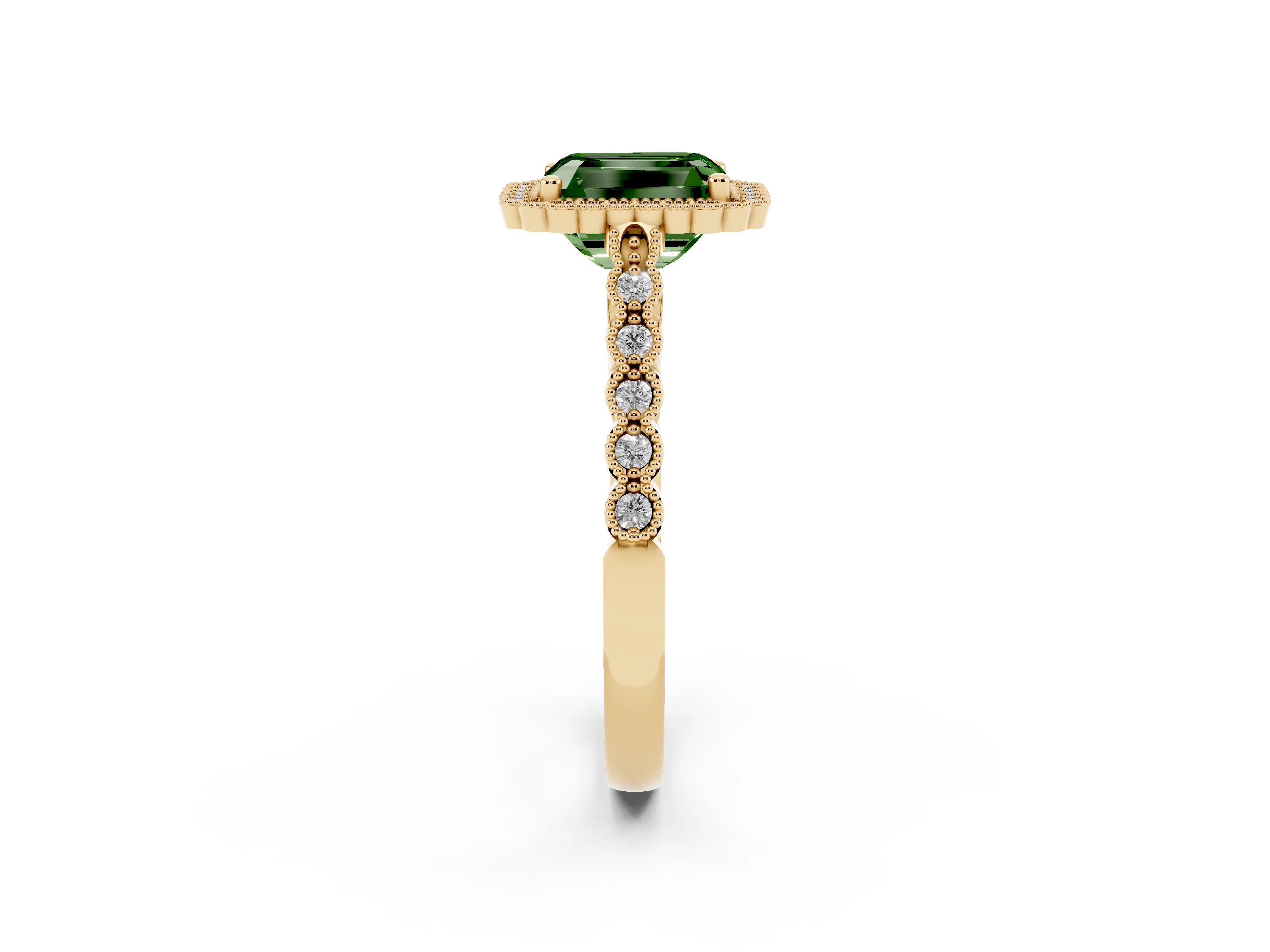 Fancy Green Radiant Cut Diamond Halo Ring Set in Yellow gold with Pavé Milgrain Band