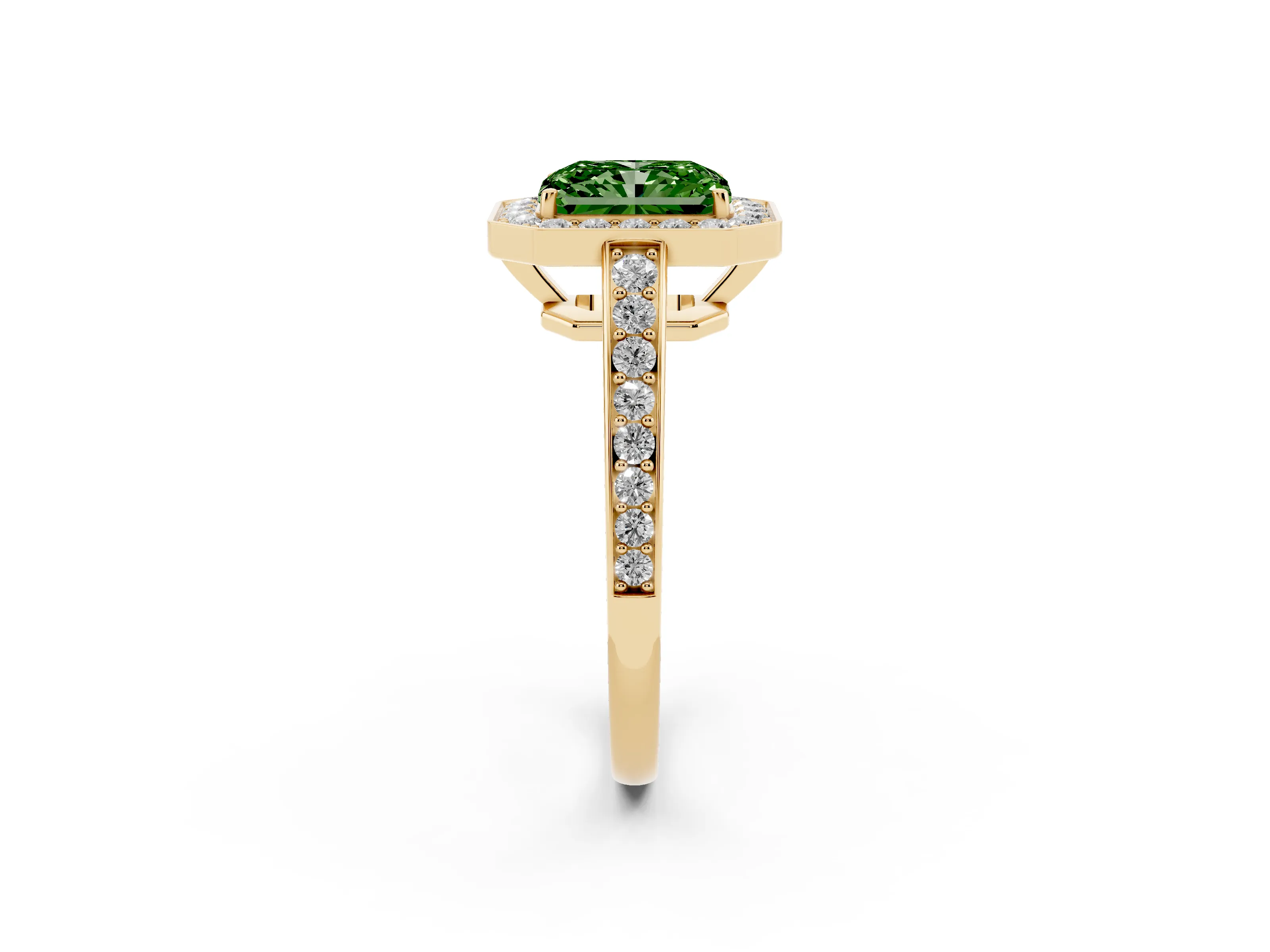 Fancy Green Radiant Cut Diamond Halo Pavé Engagement Ring Set in Yellow gold with Bezel Setting