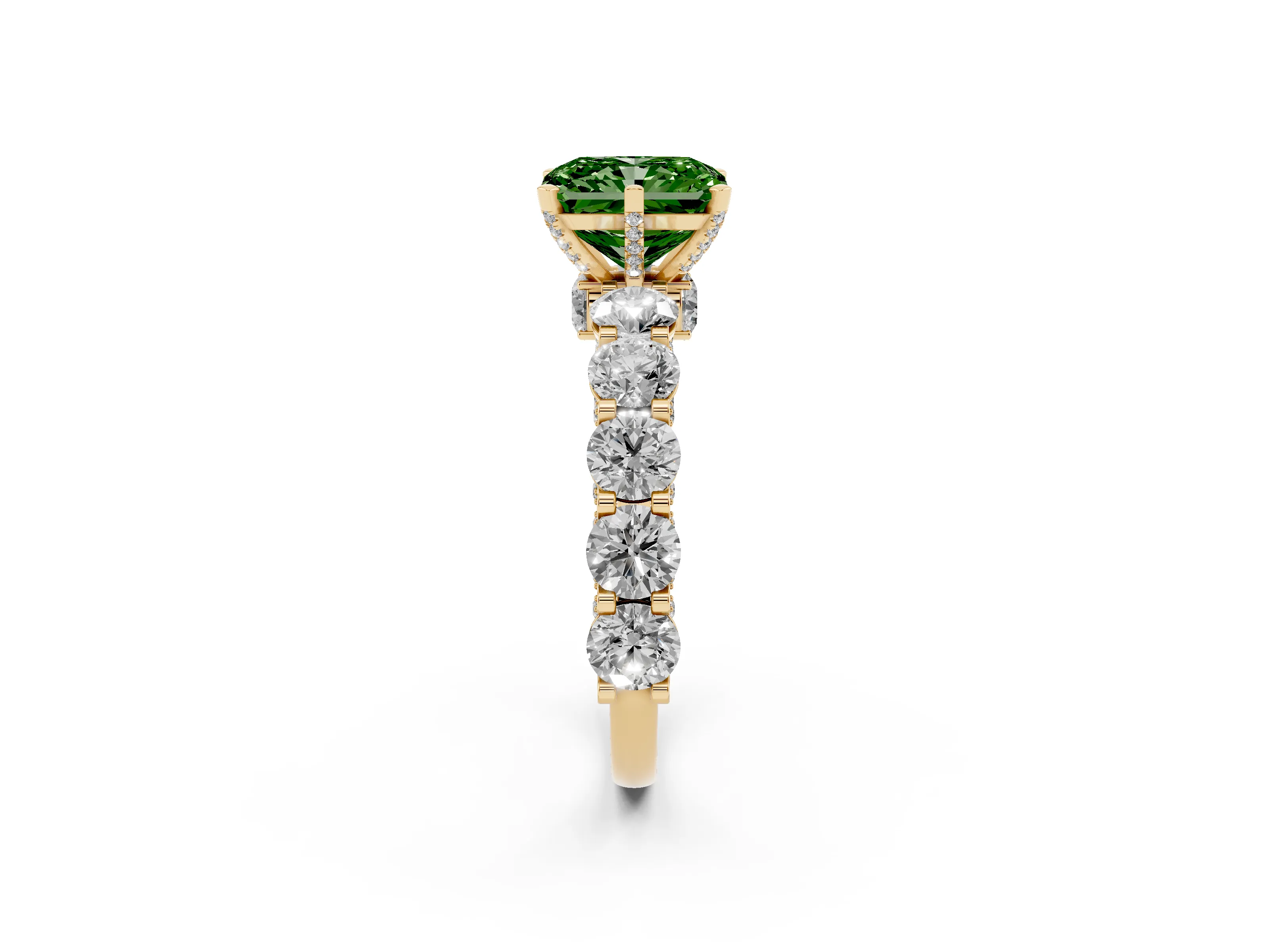 Fancy Green Radiant Cut Diamond Side Stone Ring Set in Yellow gold with Alternating Round and Oval Side Stones