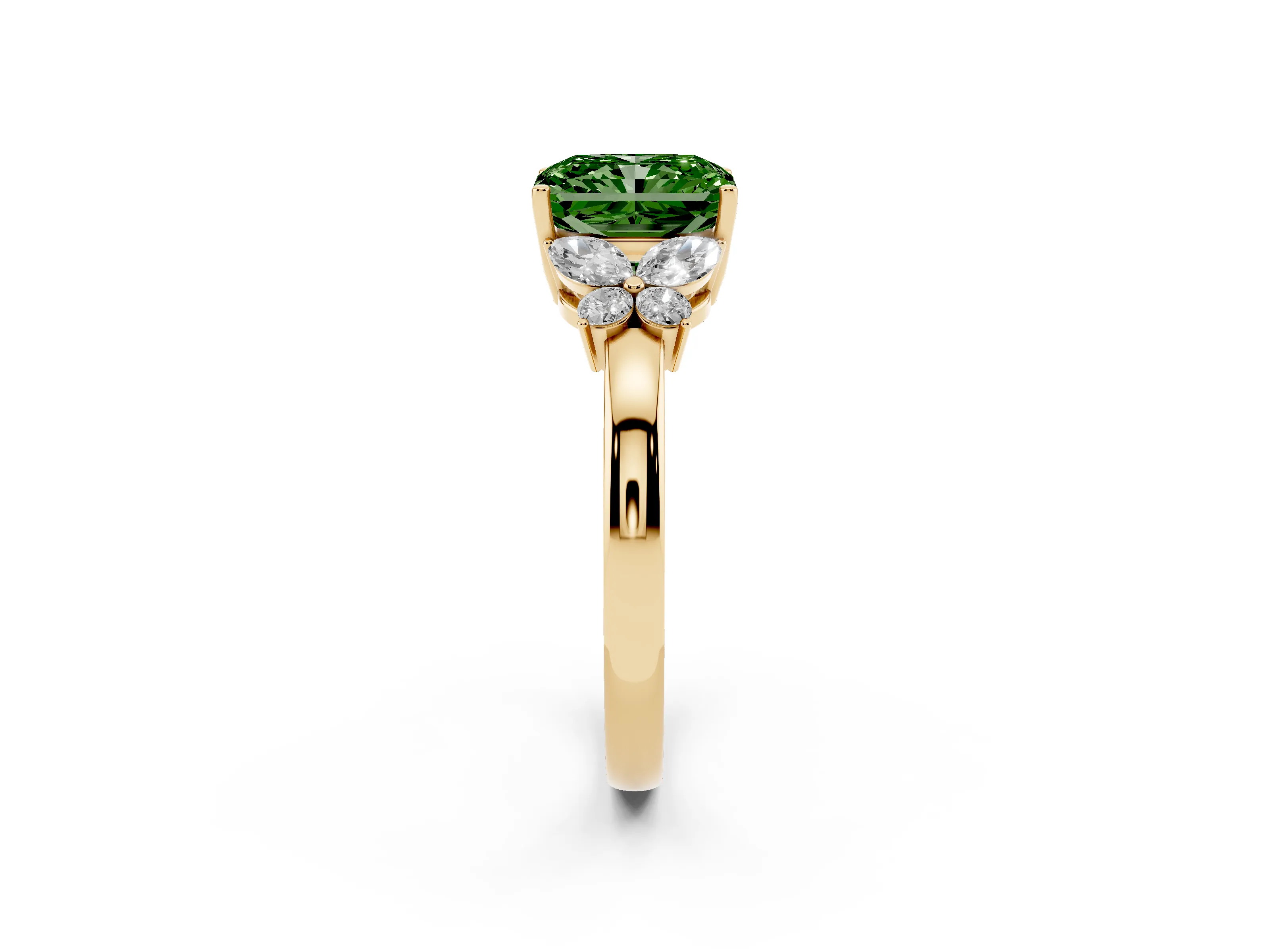 Fancy Green Radiant Cut Diamond Solitaire Floral Ring Set in Yellow gold with Marquise Petals and Prong Setting