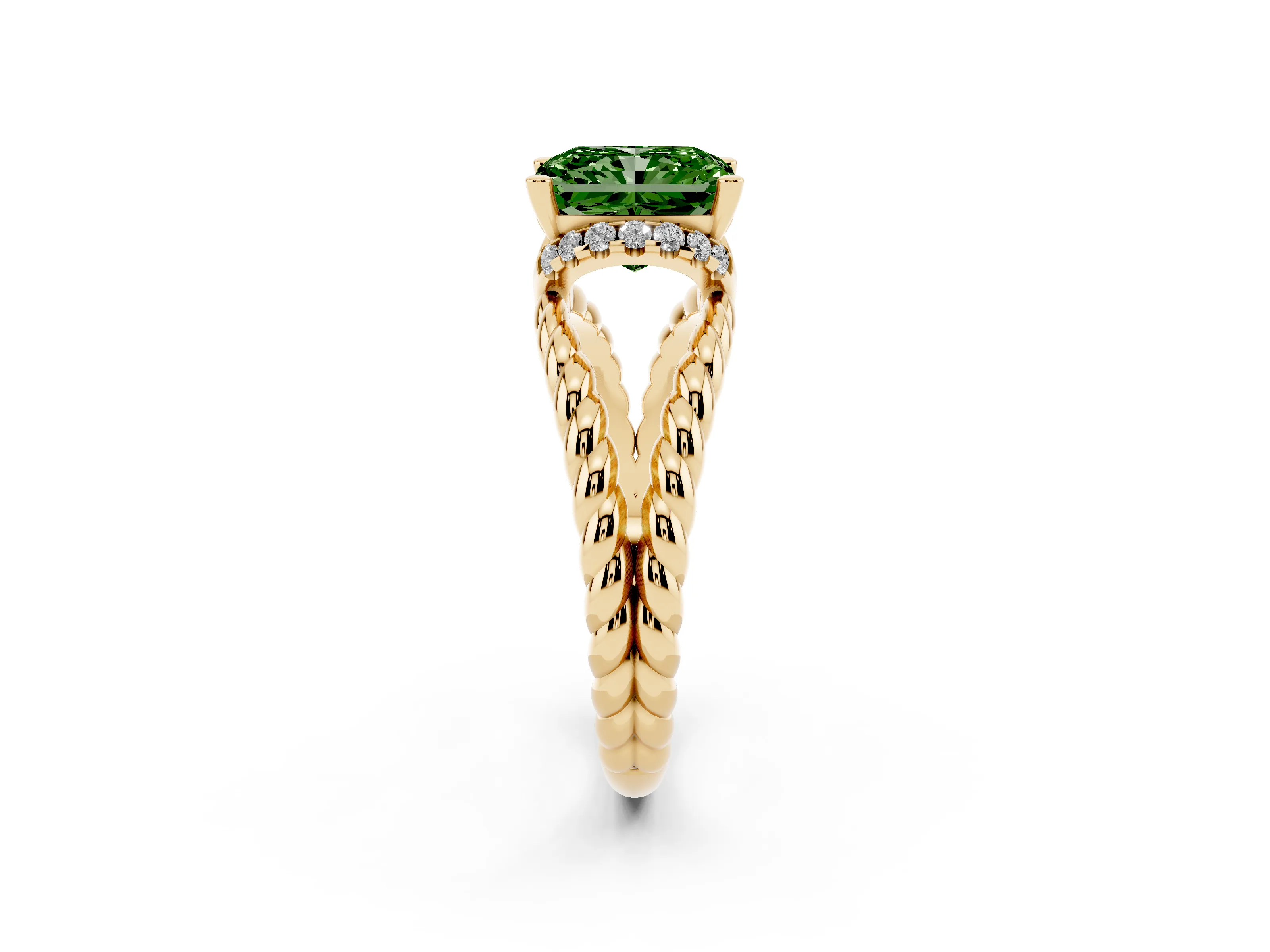Fancy Green Radiant Cut Diamond Halo Ring Set in Yellow gold with Twisted Band and Prong Setting