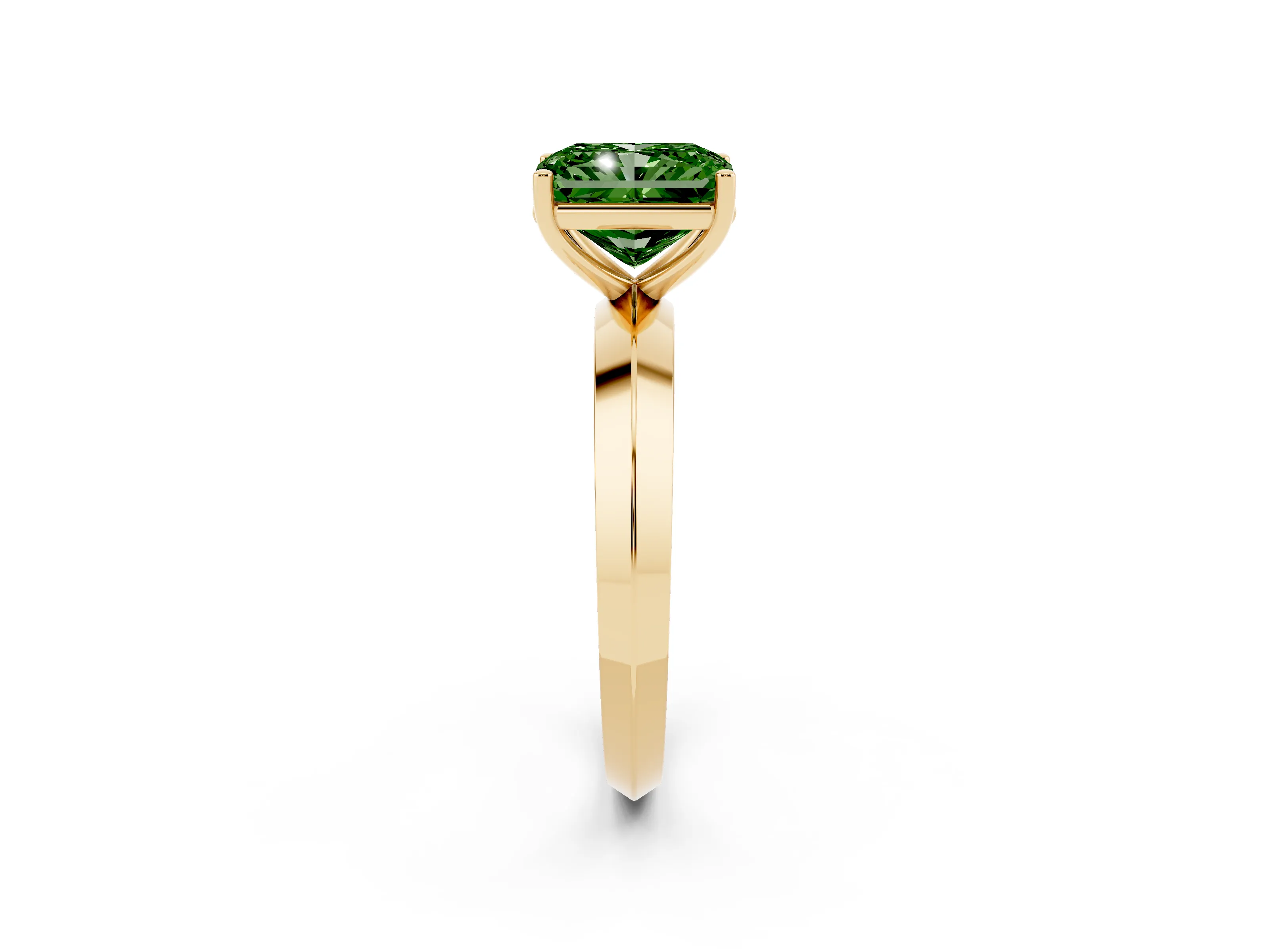 Fancy Green Radiant Cut Diamond Solitaire Engagement Ring Set in Yellow gold with Flat Band and Prong Setting
