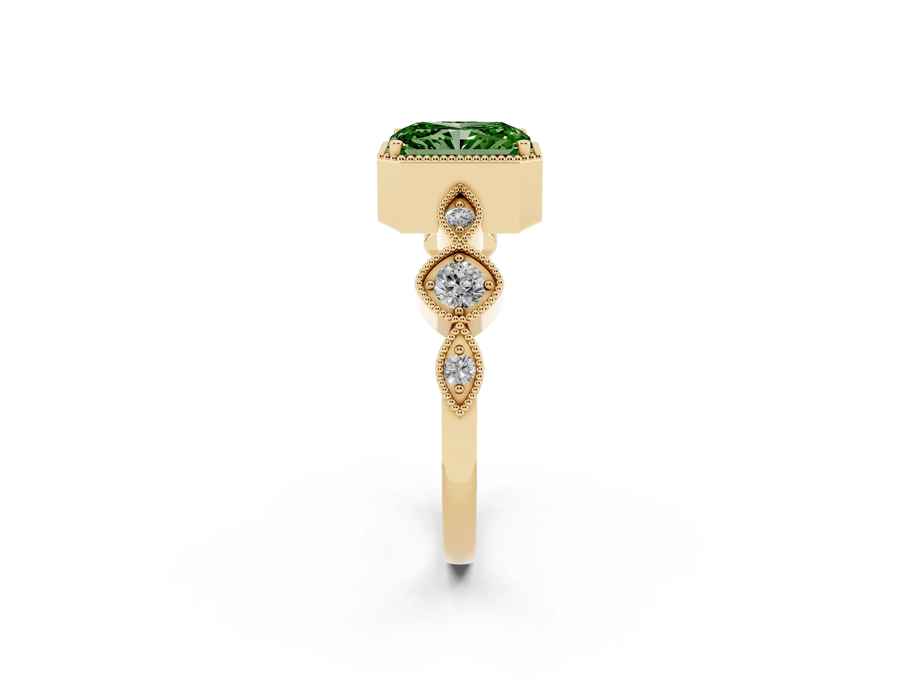 Fancy Green Radiant Cut Diamond Vintage-Inspired Milgrain Ring Set in Yellow gold with Marquise Stations of Round Accents